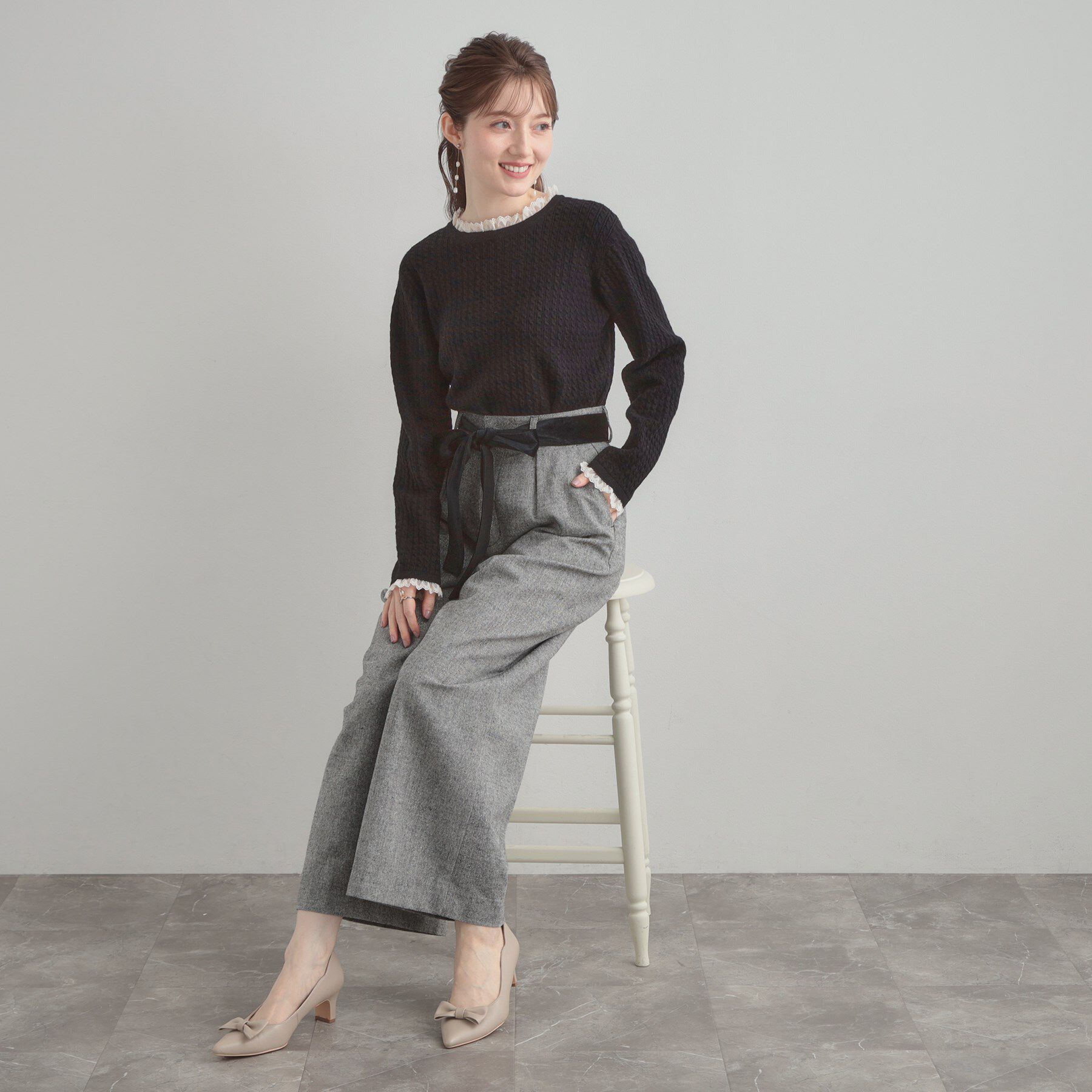 Couture broach「【大人上品・着映え】ケーブルレース バックリボンニット」|ニット・セーター|