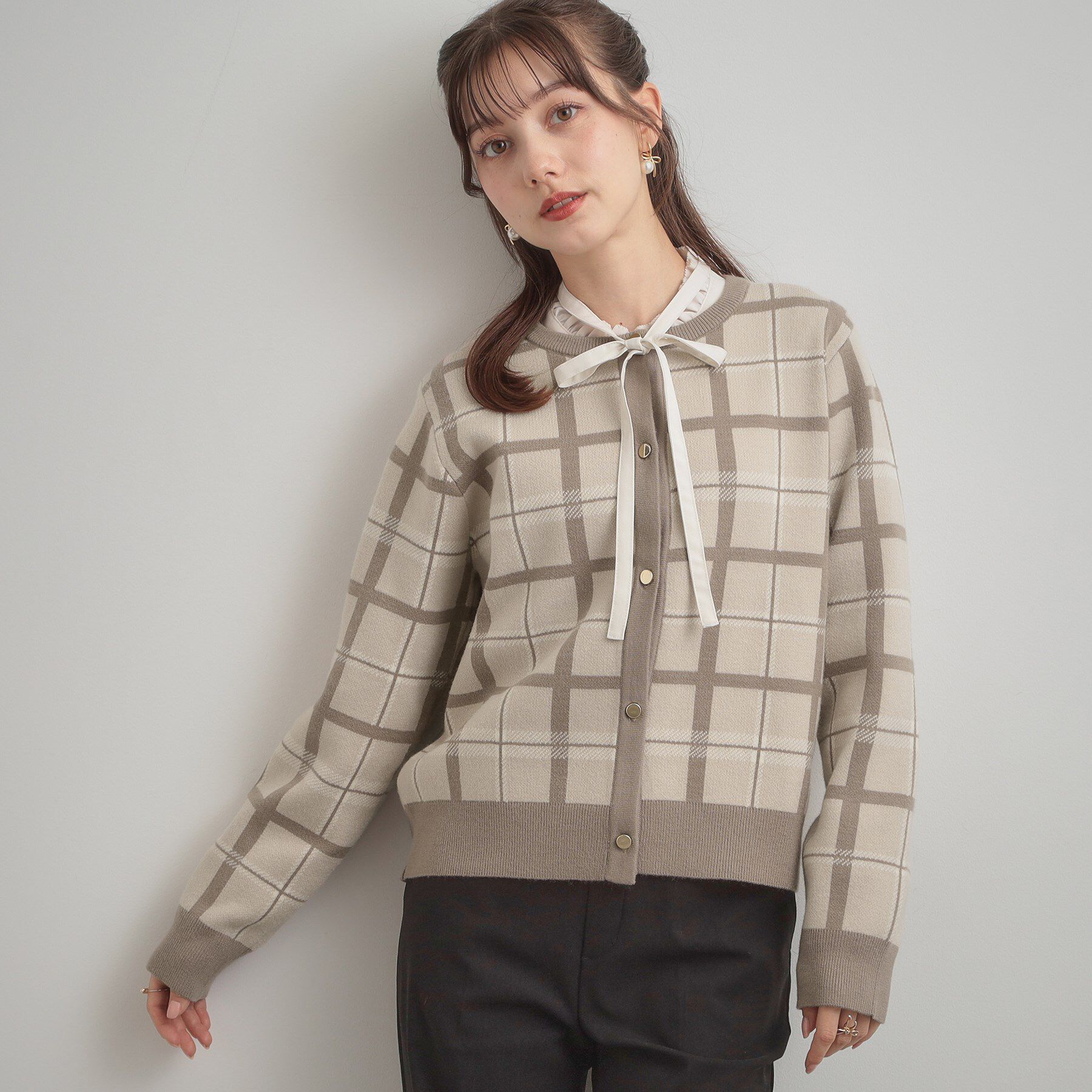 Couture broach「【大人可愛い・通勤】チェックジャカード ニットカーディガン」|カーディガン|