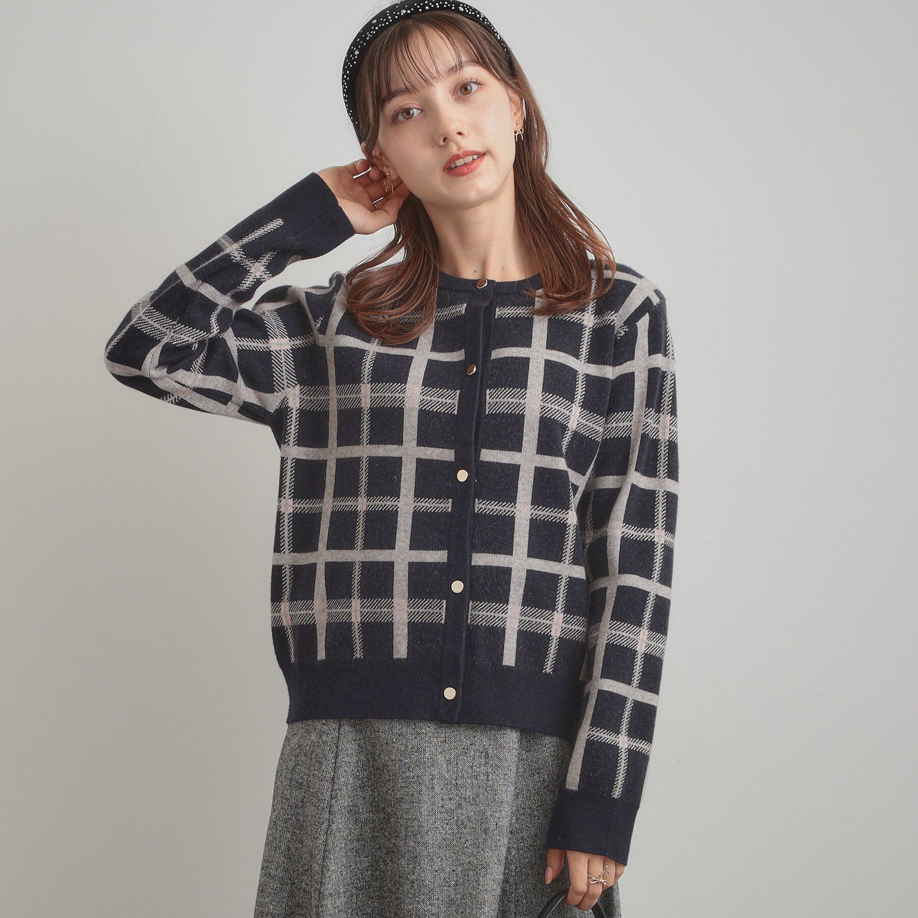 Couture broach「【大人可愛い・通勤】チェックジャカード ニットカーディガン」|カーディガン|