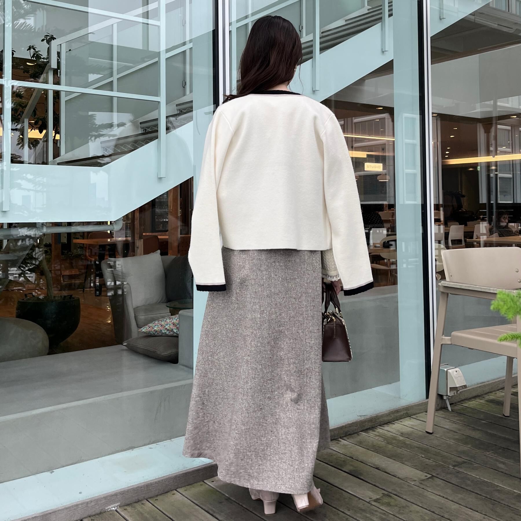 Couture broach「【通勤・大人上品】ムースタッチジャカード 配色スカラカーディ」|カーディガン|