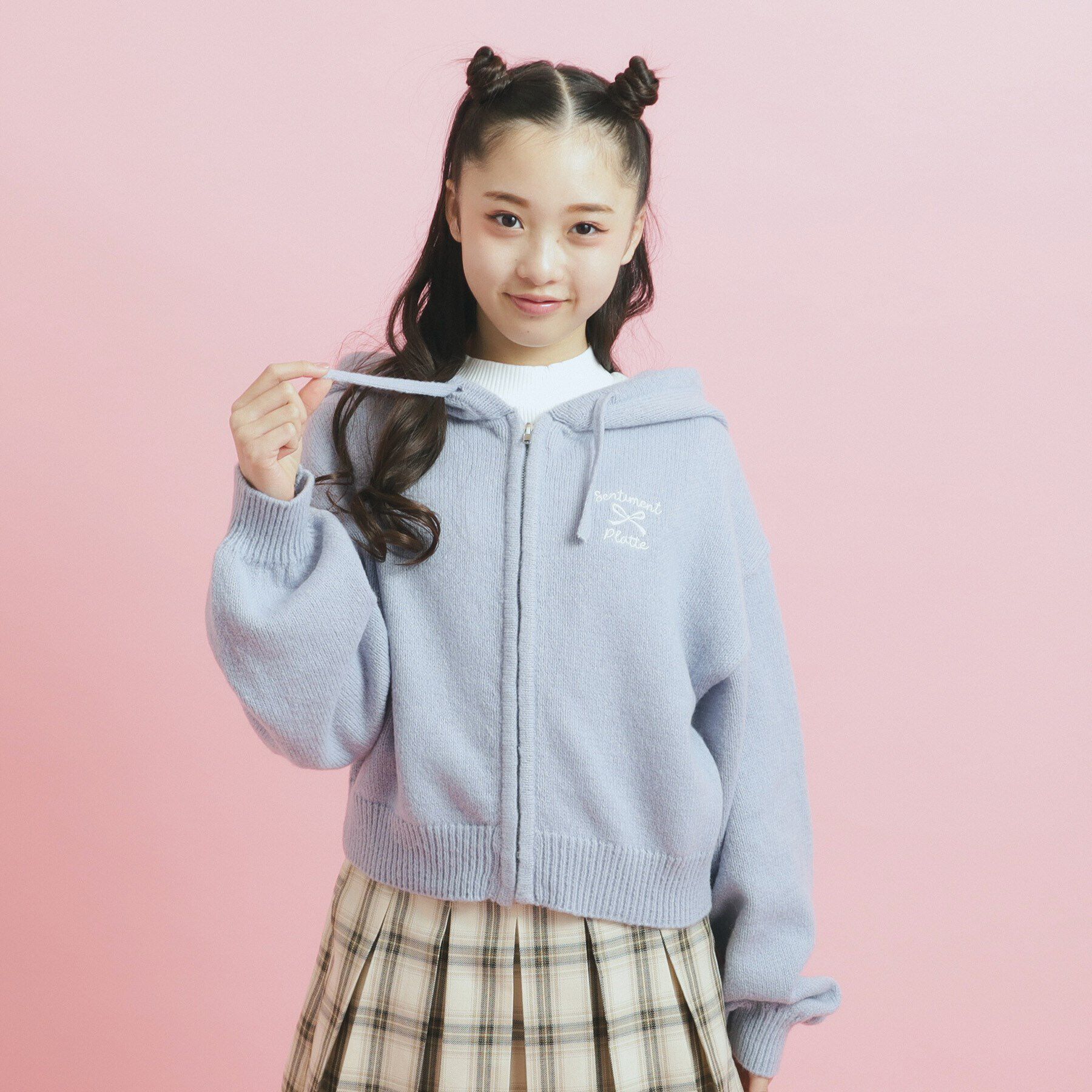 PINK-latte「クロップドリボン刺繍パーカ」|パーカー|ブルー(091)