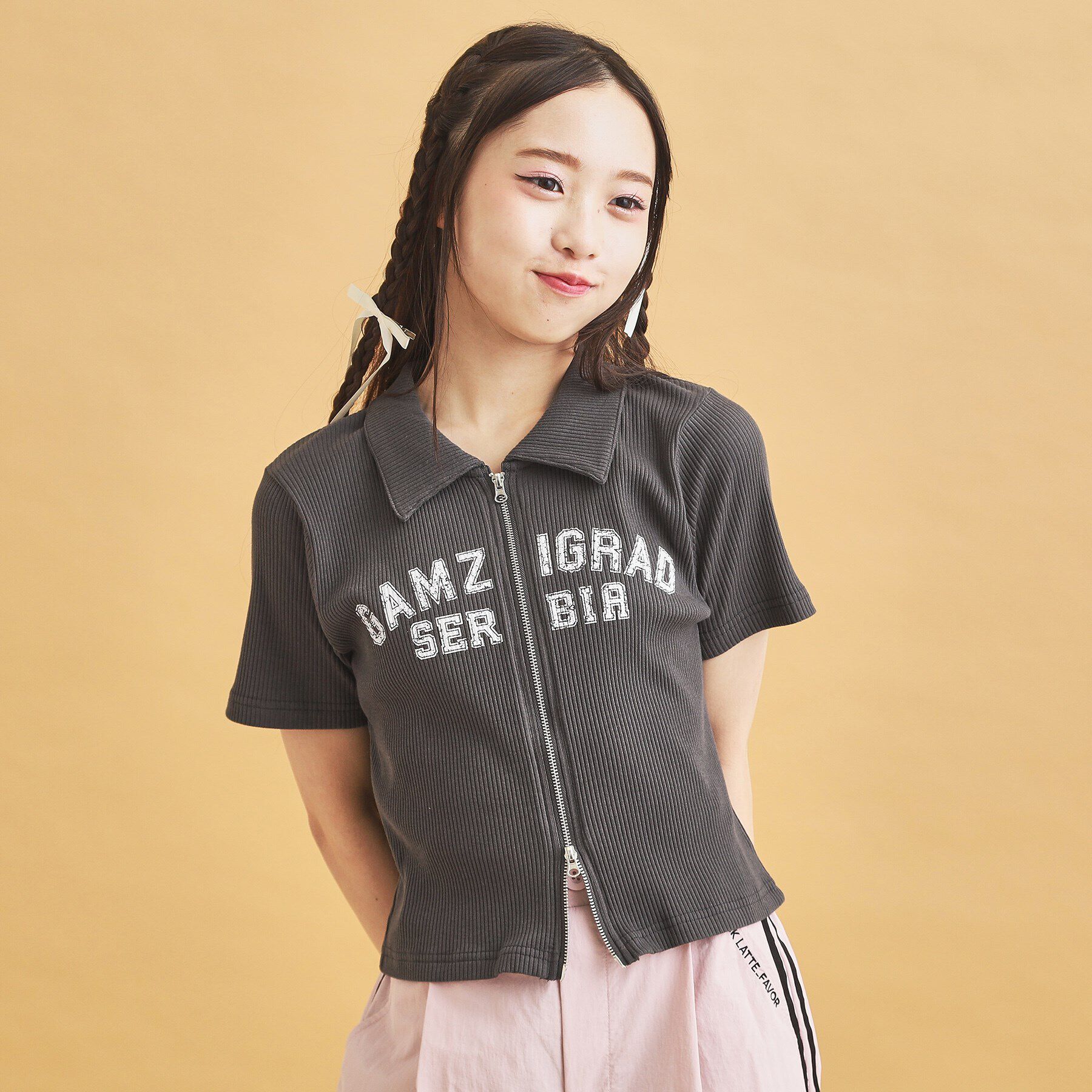 PINK-latte「襟付きテレコダブルジッププルオーバー」|Tシャツ・カットソー|