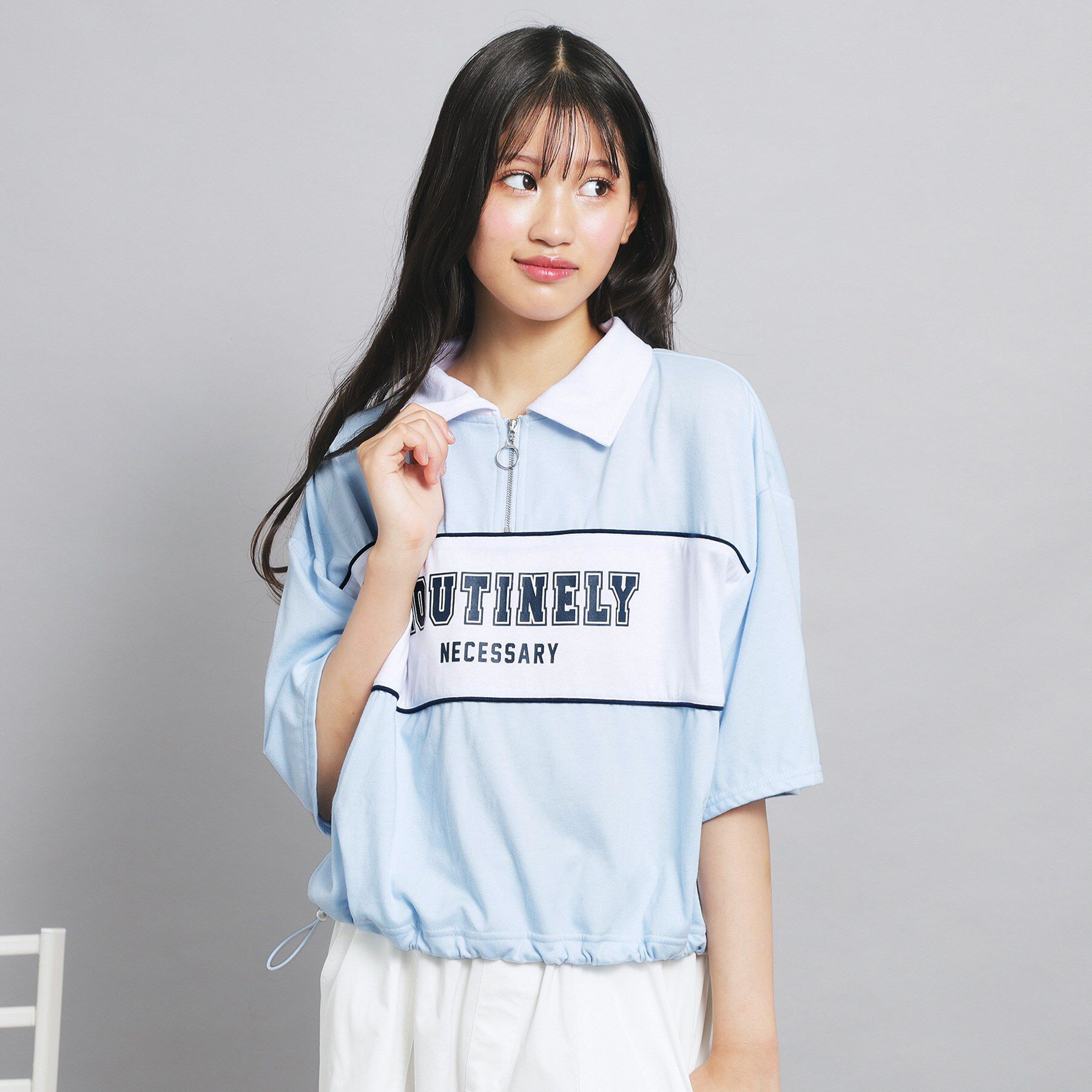 PINK-latte「配色パイピング切り替え衿付きトップス」|Tシャツ・カットソー|サックスブルー(09