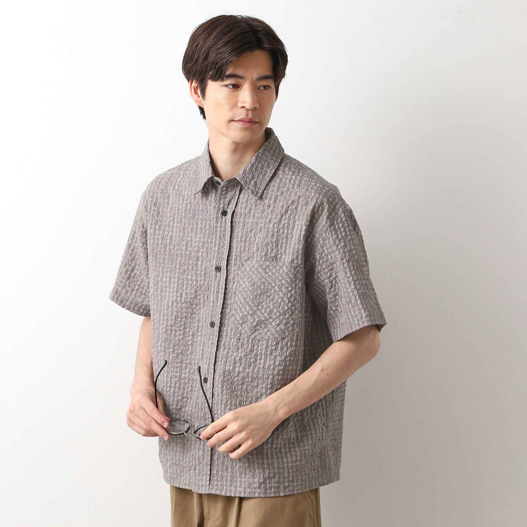 THE SHOP TK「シアサッカーチェックシャツ 【洗濯機OK】」|シャツ・ブラウス|グレー(212)