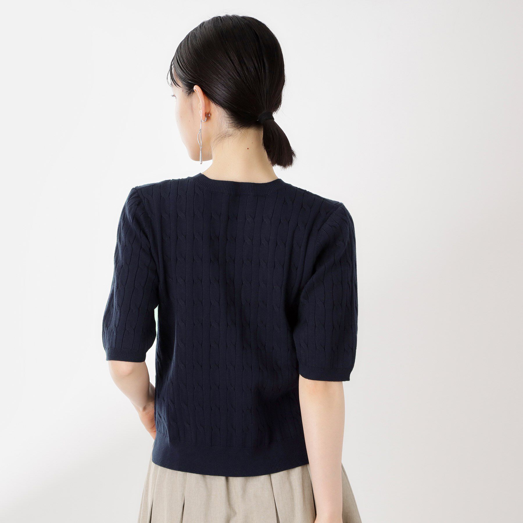 THE SHOP TK「ワンポイント刺繍ケーブル半袖ニット【洗濯機OK】」|ニット・セーター|