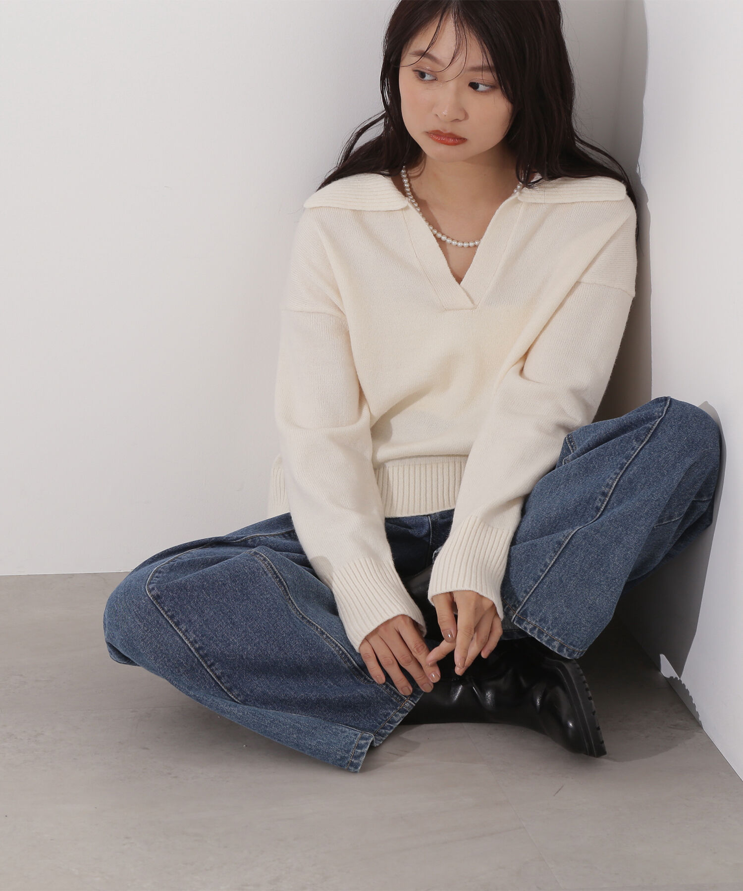  「開襟ボクシーニット」|ニット・セーター|オフホワイト1