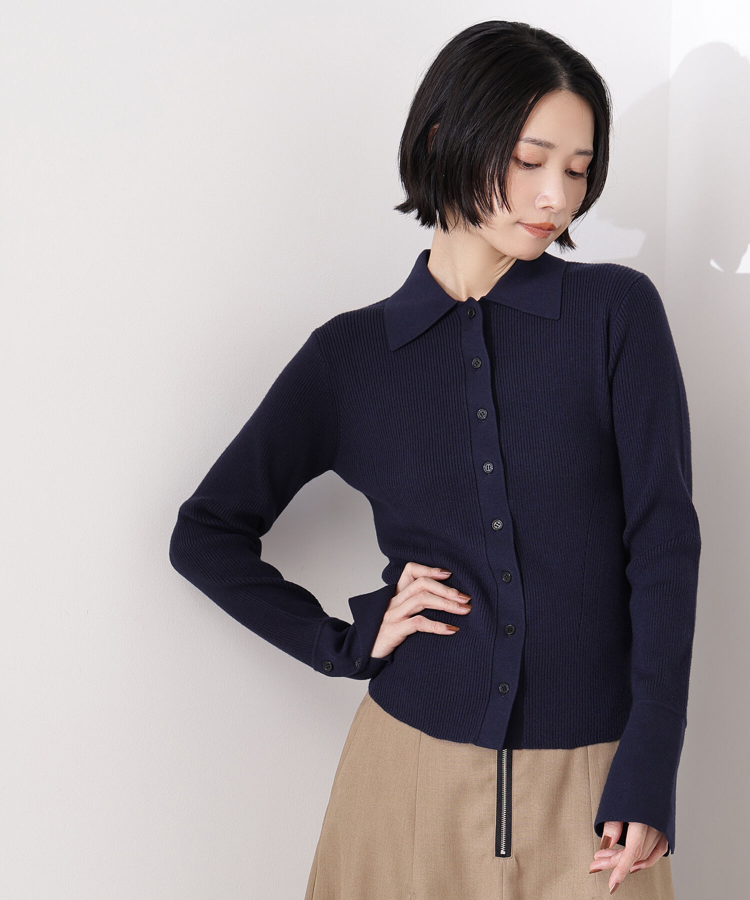  「ポロ襟フレアカフスニット」|ニット・セーター|ネイビー