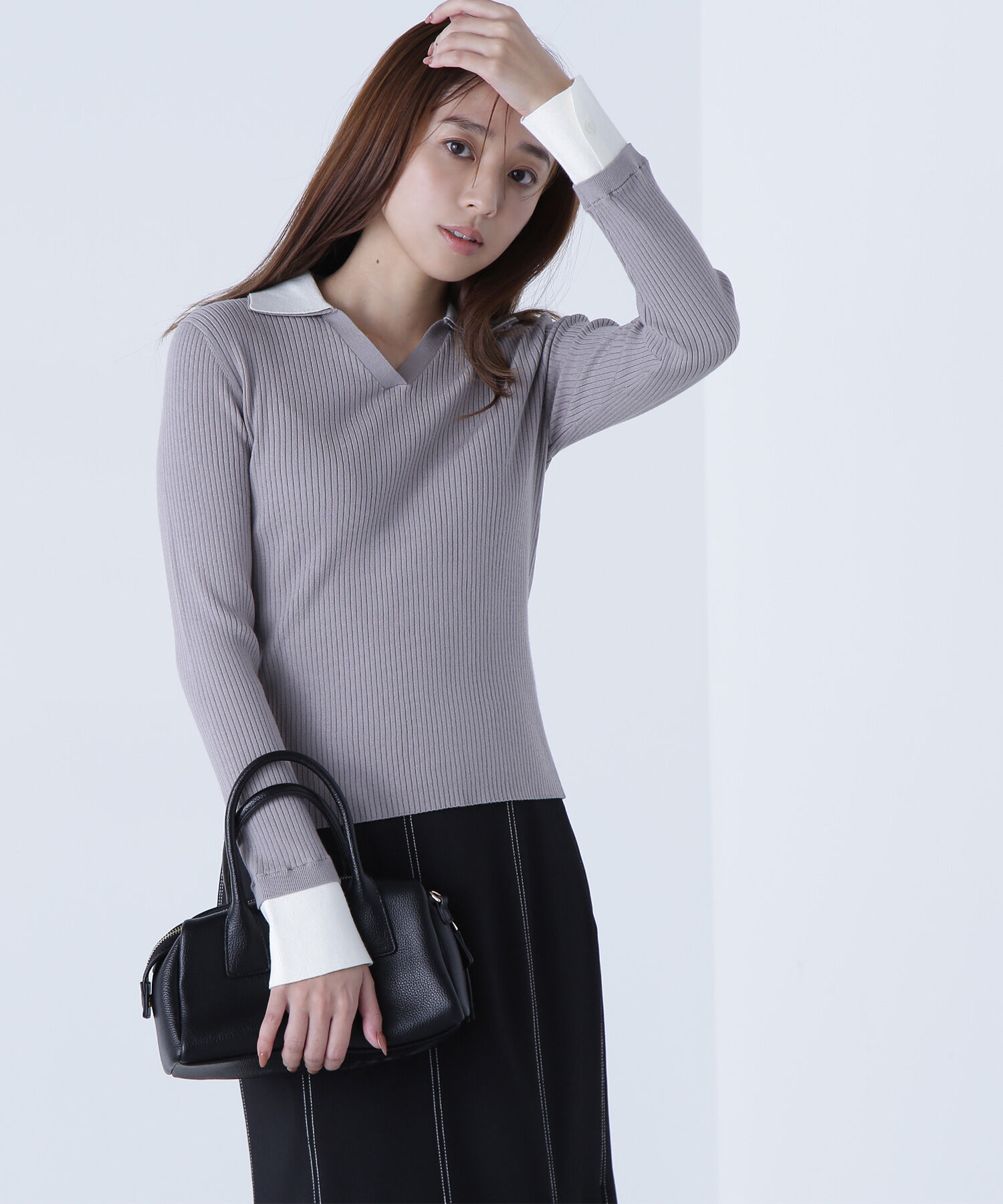  「ダブルカラーVネックリブニット」|ニット・セーター|