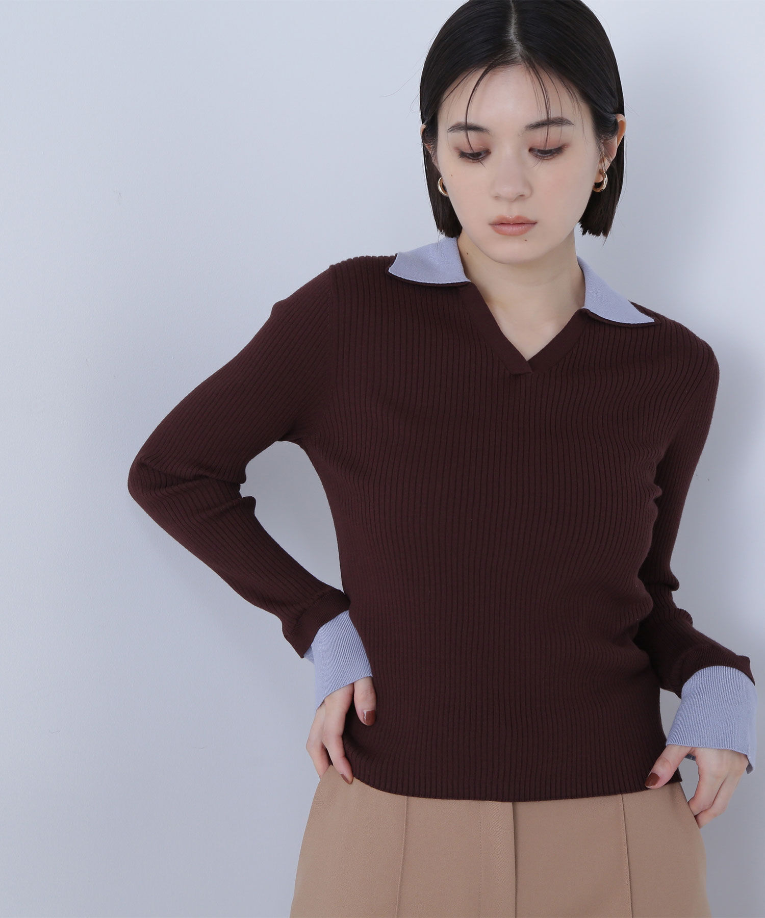  「ダブルカラーVネックリブニット」|ニット・セーター|ブラウン&times;ブ  2