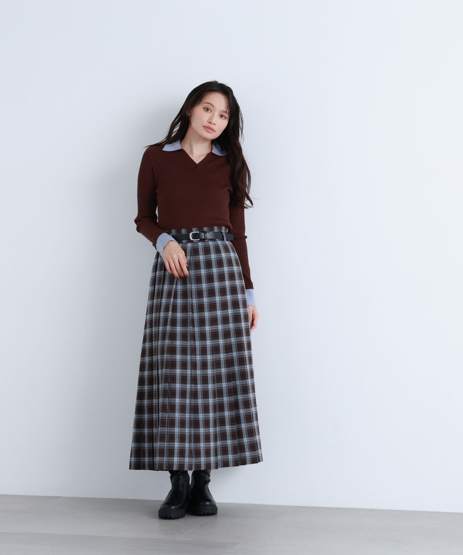  「ダブルカラーVネックリブニット」|ニット・セーター|