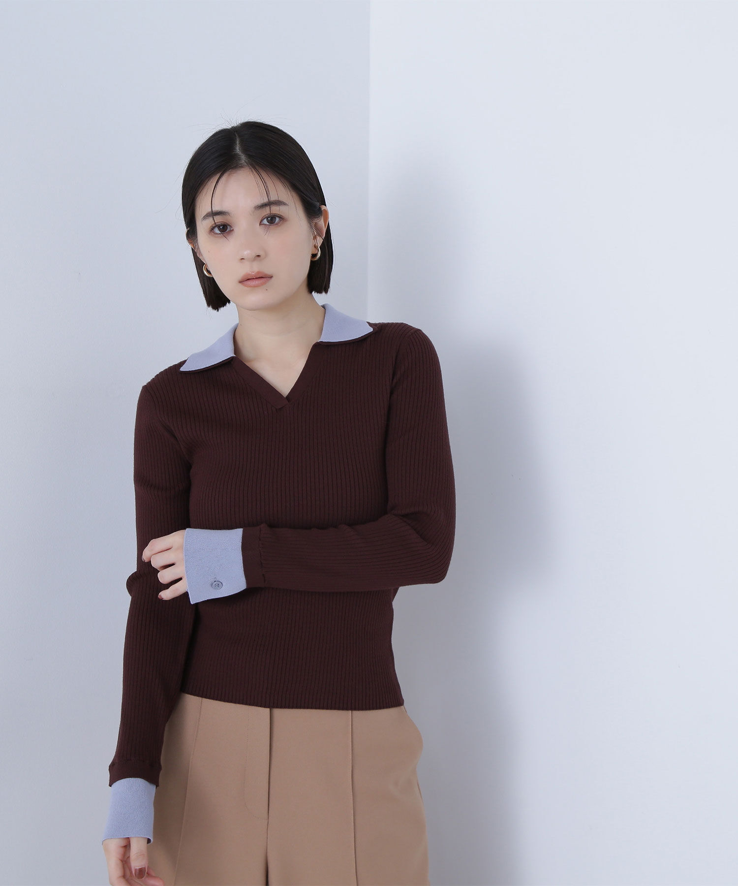  「ダブルカラーVネックリブニット」|ニット・セーター|