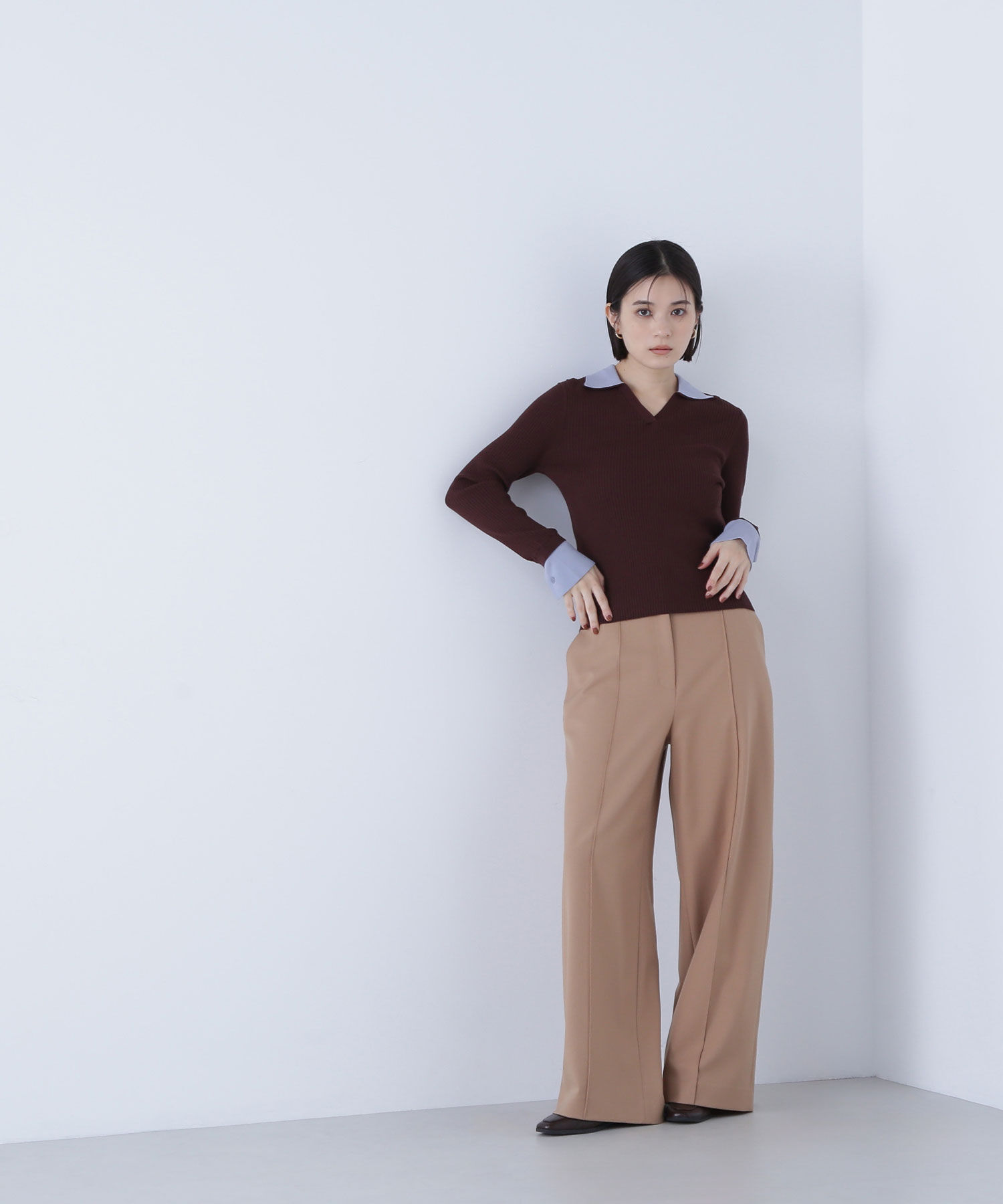  「ダブルカラーVネックリブニット」|ニット・セーター|