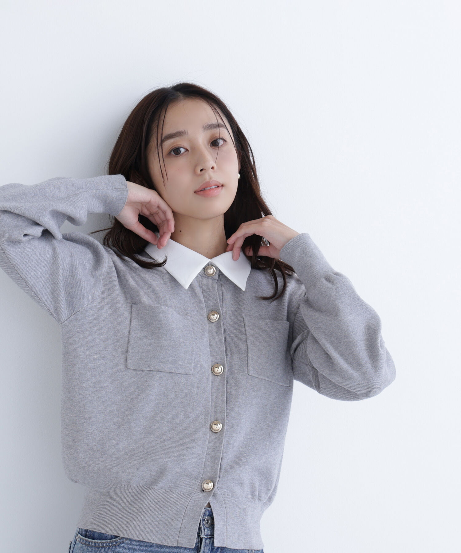  「2wayカラーニットジャケット」|ニット・セーター|グレー