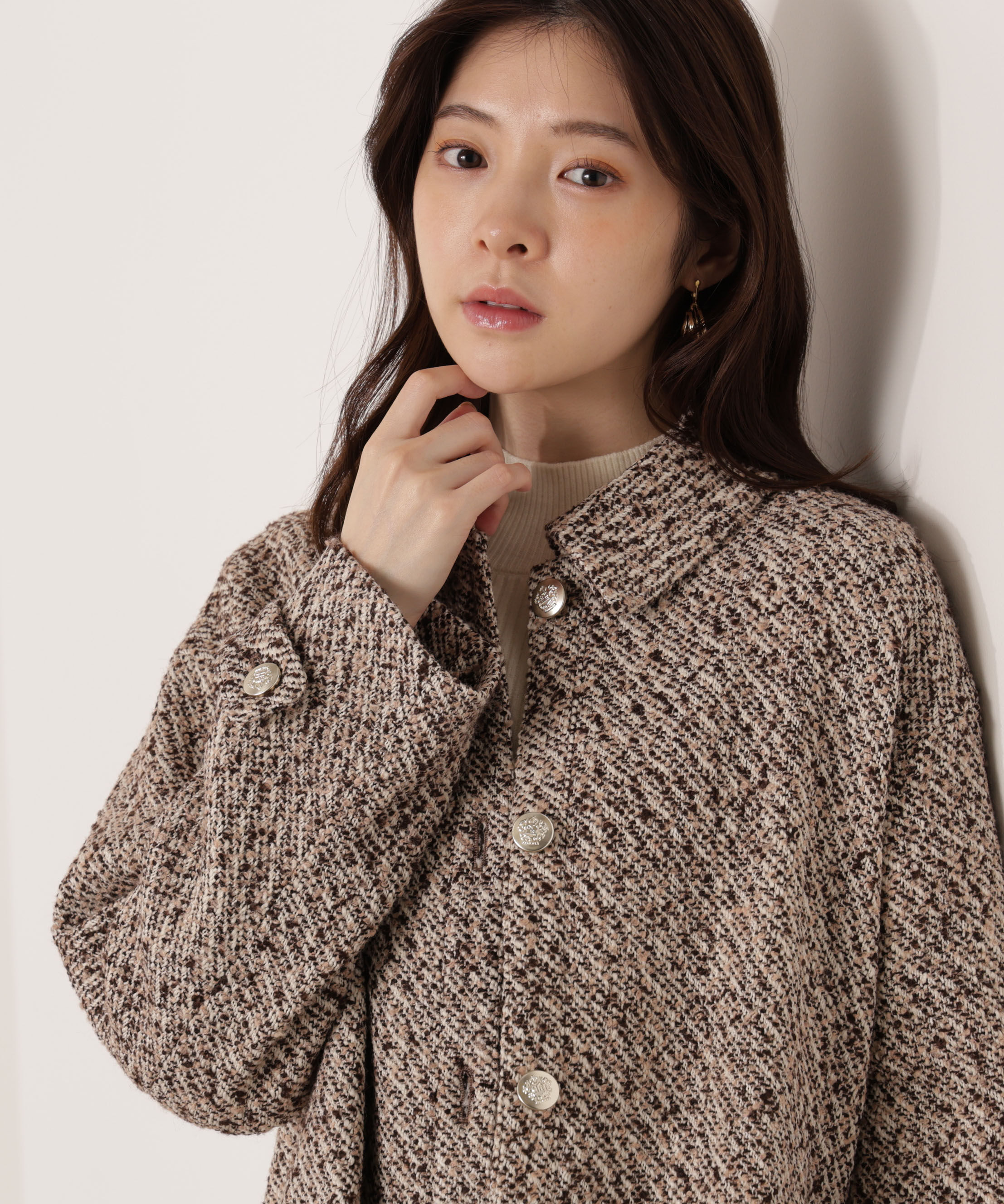 PROPORTION BODY DRESSING「金ボタン付きツイードミドルジャケット 25AW」|ブルゾン・スタジャン|