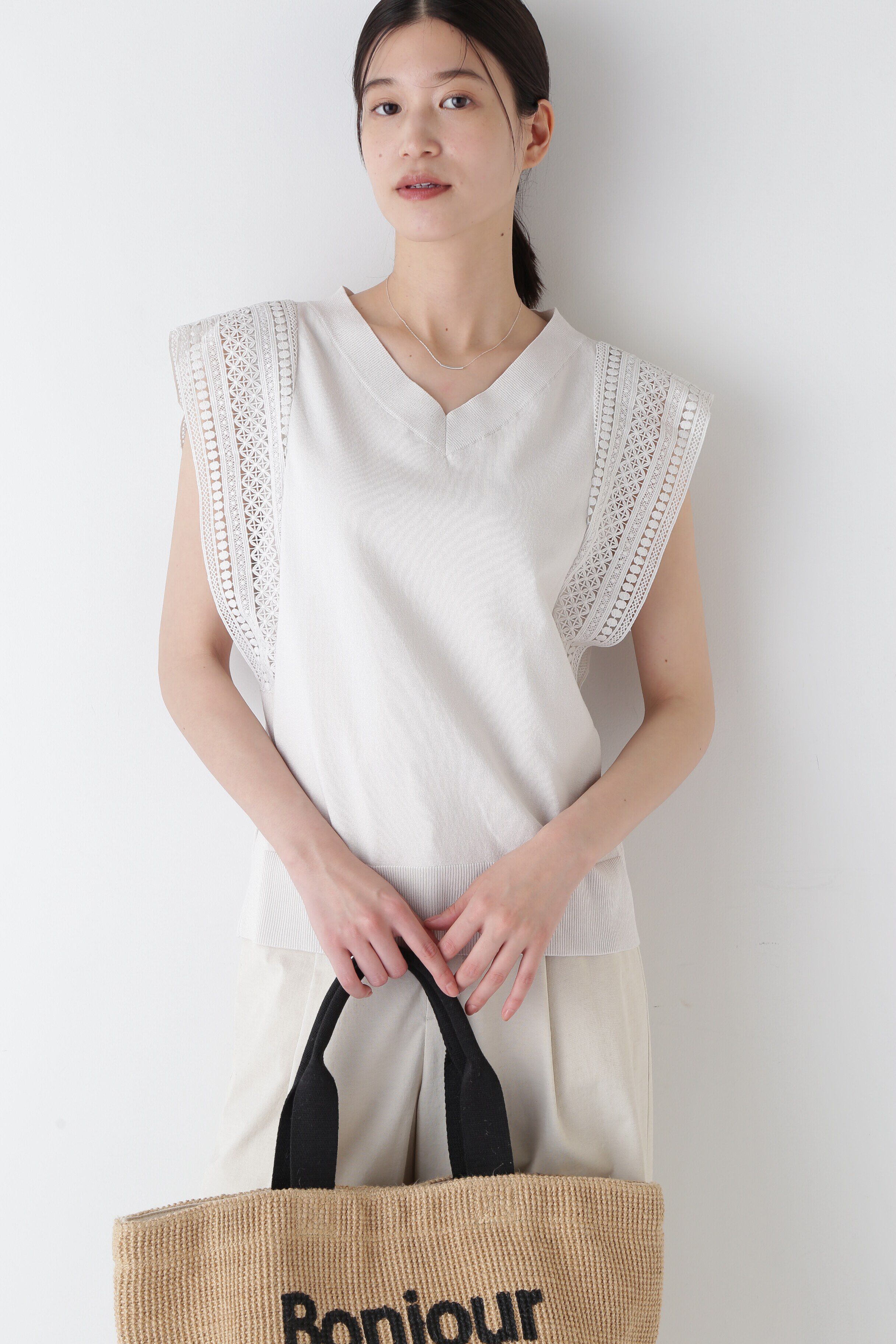  「◆レースドッキングニットトップス」|ニット・セーター|ライトグレー