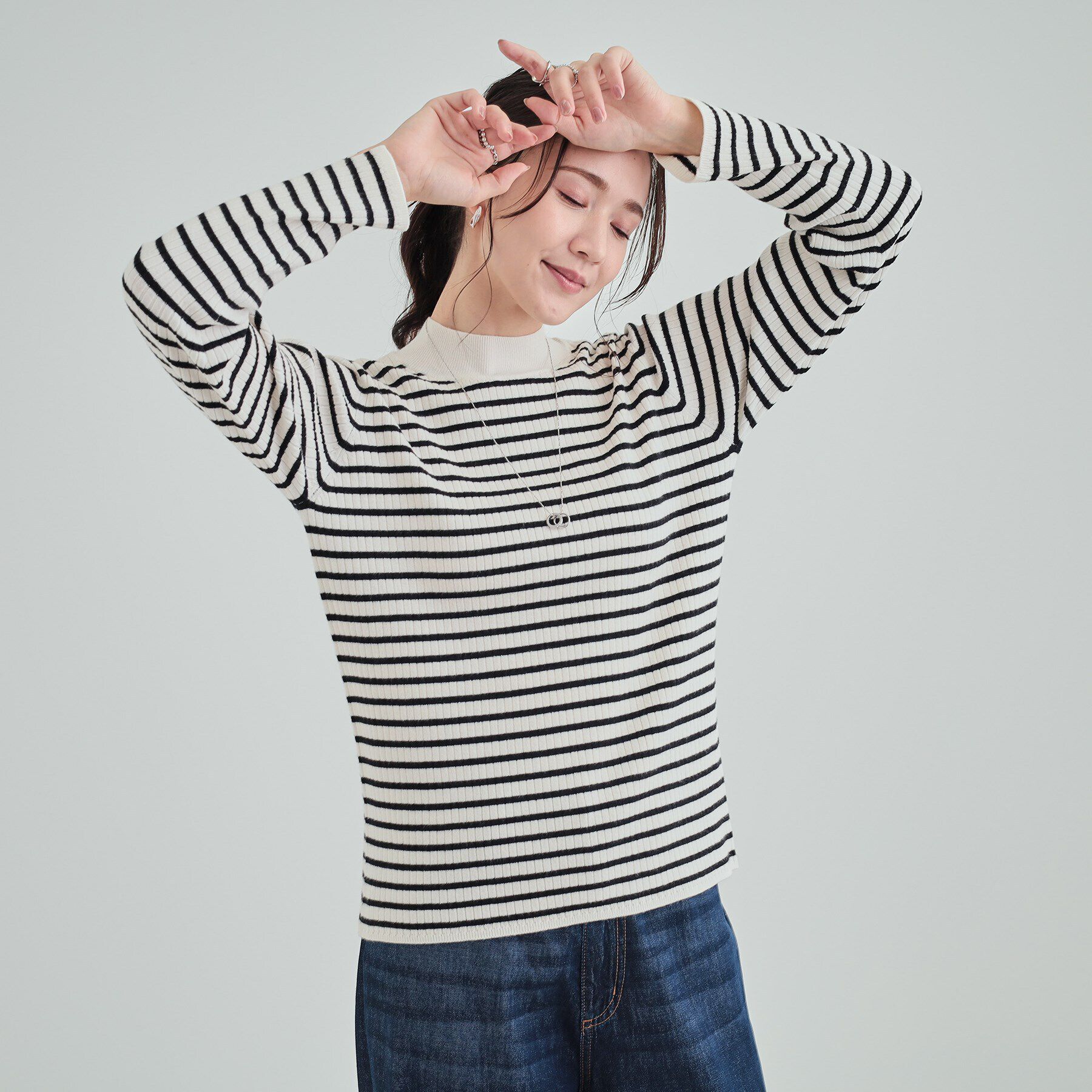 SHOO･LA･RUE「【洗える】1枚でこなれ見え 配色ライン リブハイネックニット」|ニット・セーター|