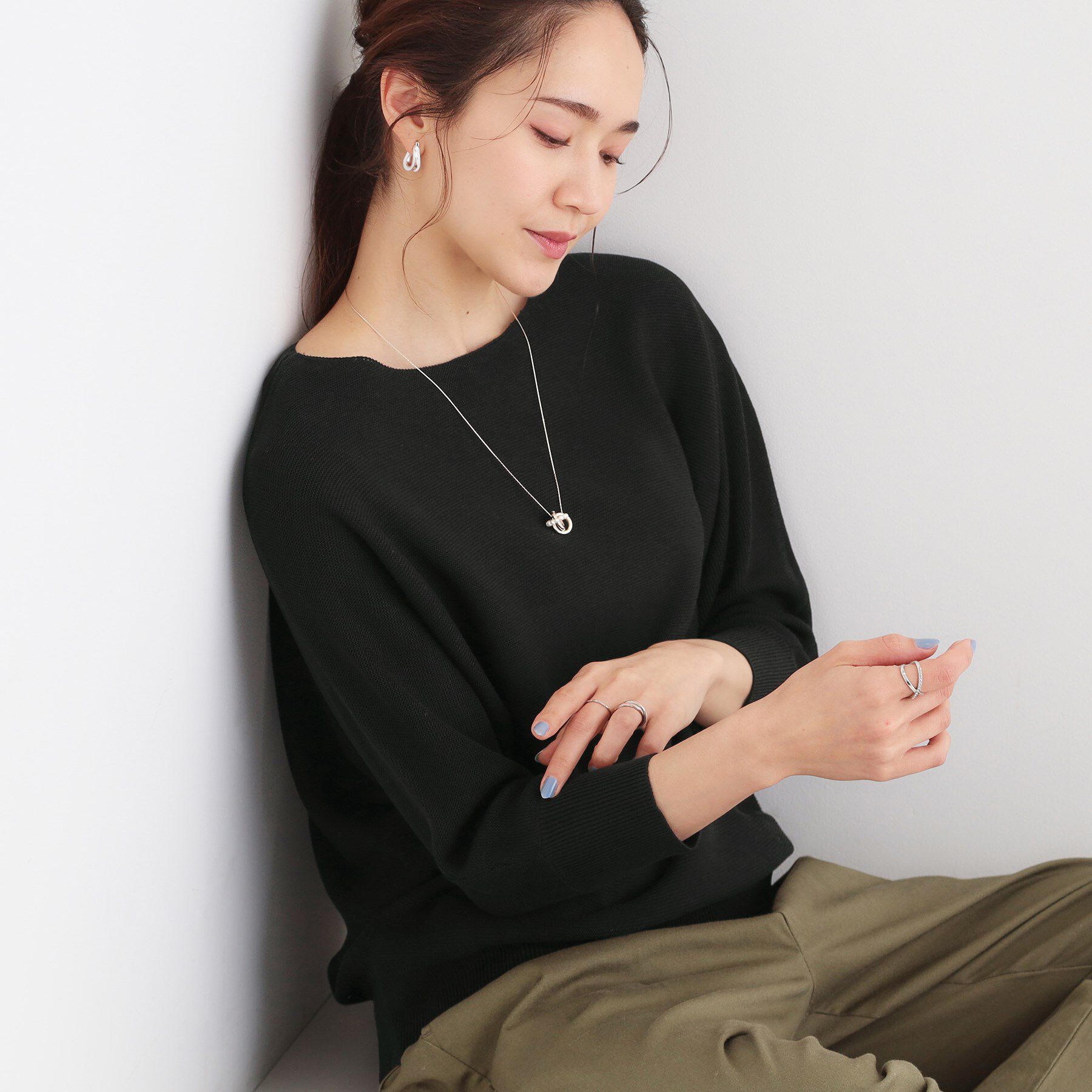 SHOO･LA･RUE「カジュアルにもきれいめにも ガーター編み 7分袖ドルマンニット」|ニット・セーター|ブラック(019)