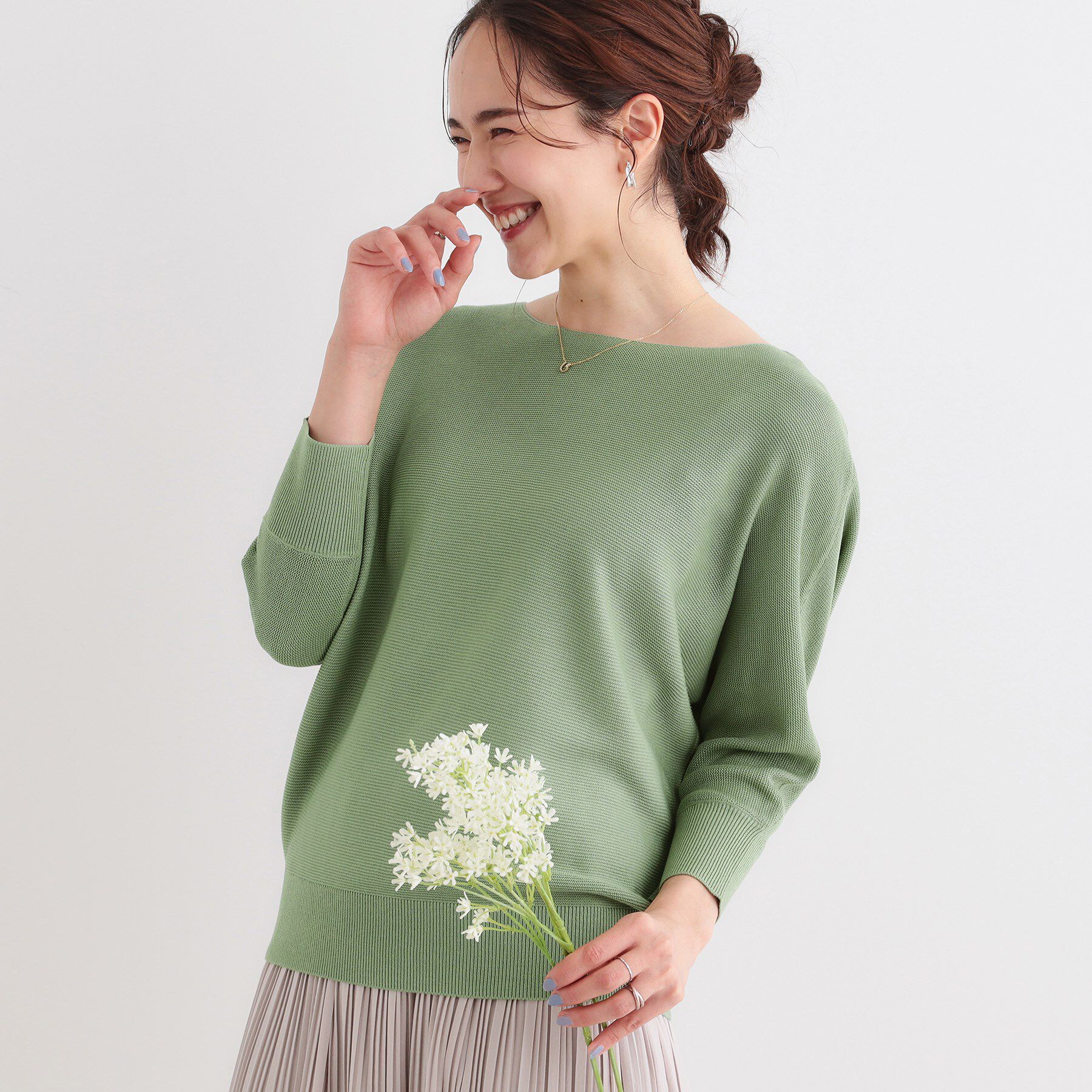 SHOO･LA･RUE「カジュアルにもきれいめにも ガーター編み 7分袖ドルマンニット」|ニット・セーター|グリーン(022)