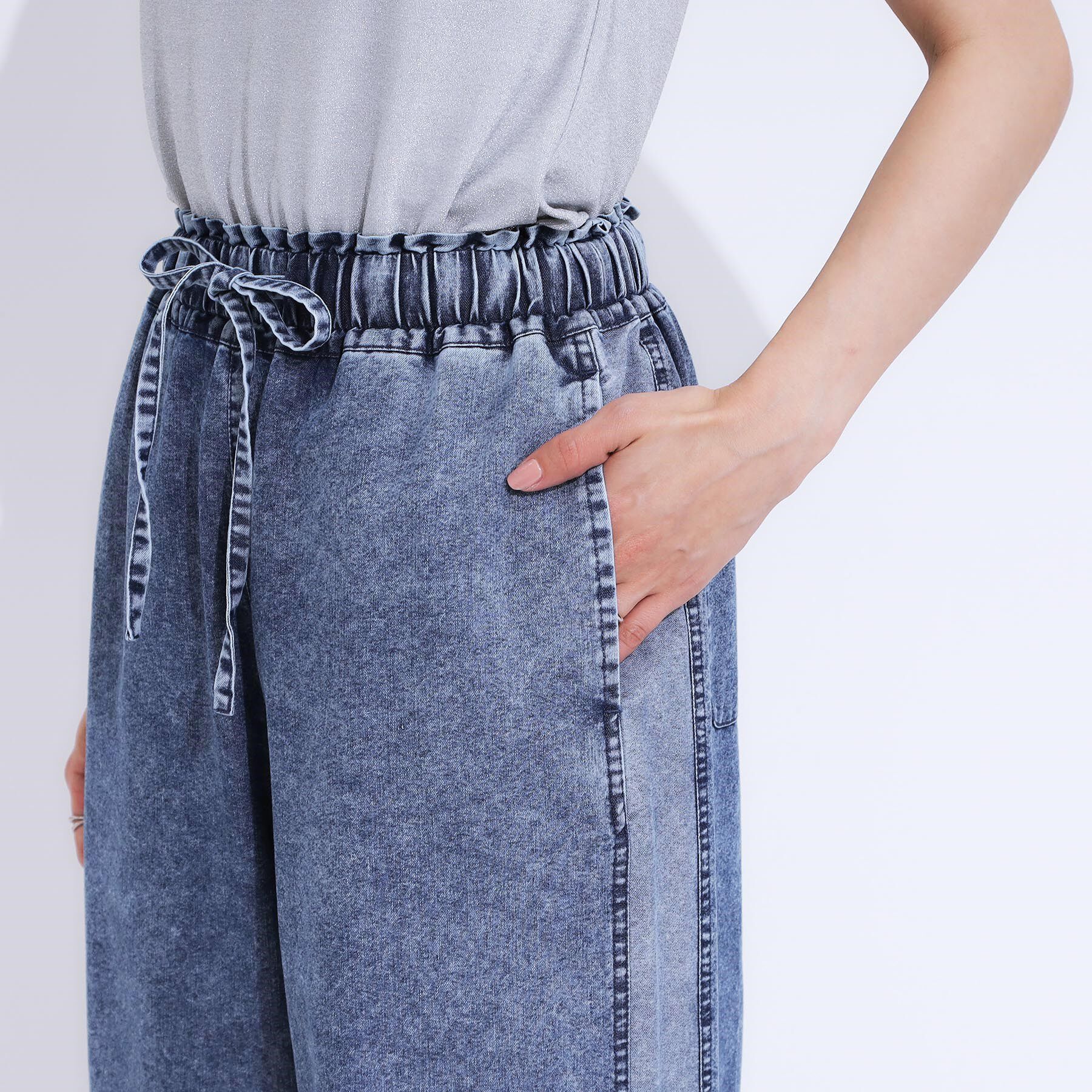 SHOO･LA･RUE「【S-LL】サイドラインがアクセント イージーデニムパンツ」|デニム|