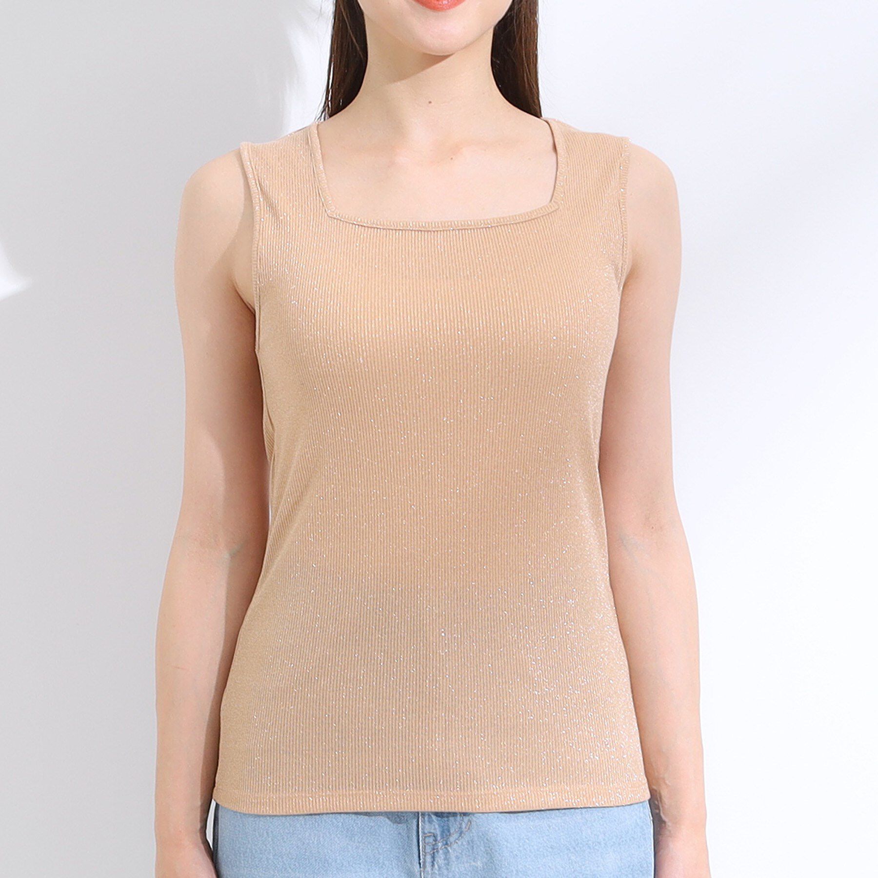 SHOO･LA･RUE「【S-LL】デコルテラインをきれいに魅せる ラメテレコタンクトップ」|キャミソール|