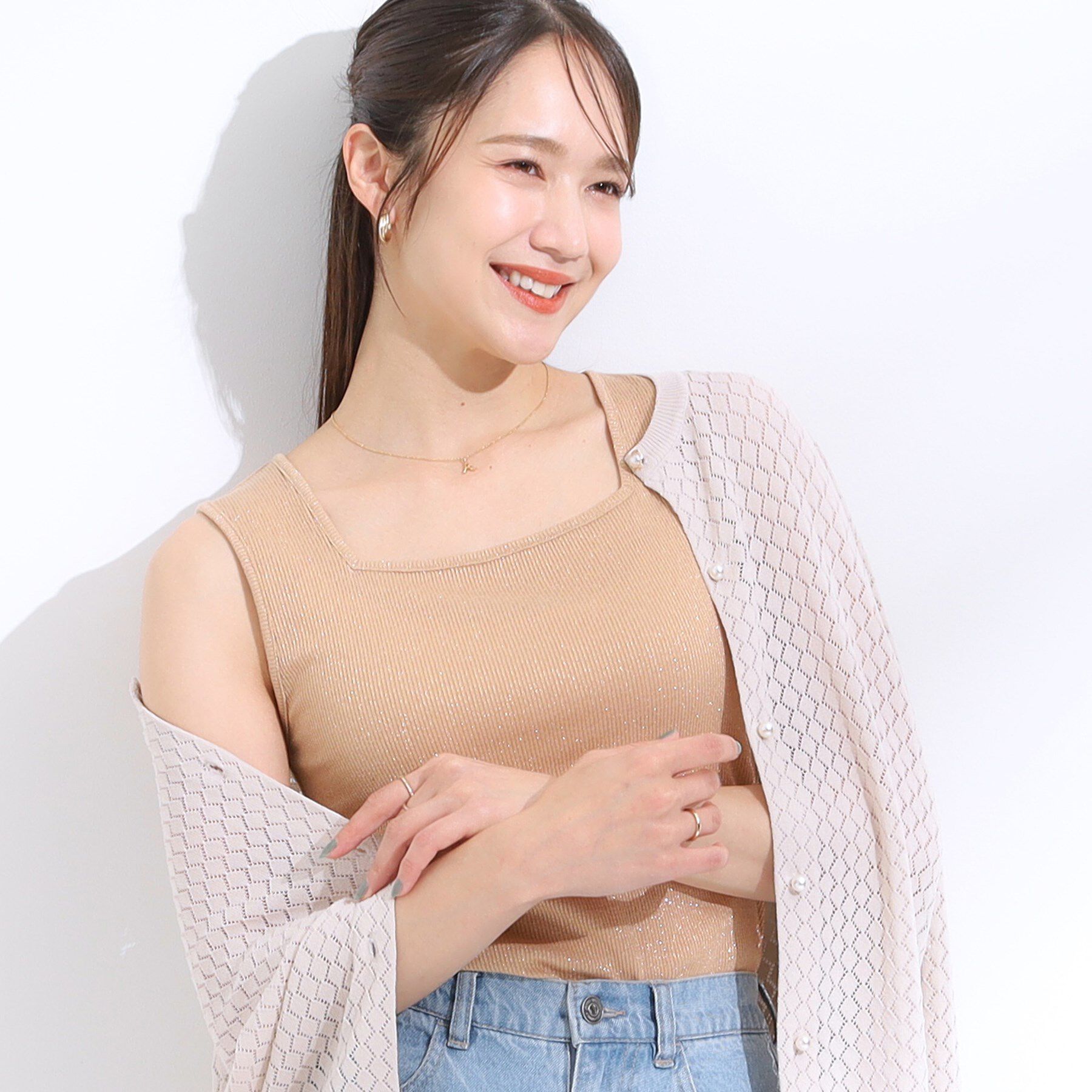 SHOO･LA･RUE「【S-LL】デコルテラインをきれいに魅せる ラメテレコタンクトップ」|キャミソール|オレンジ(066)