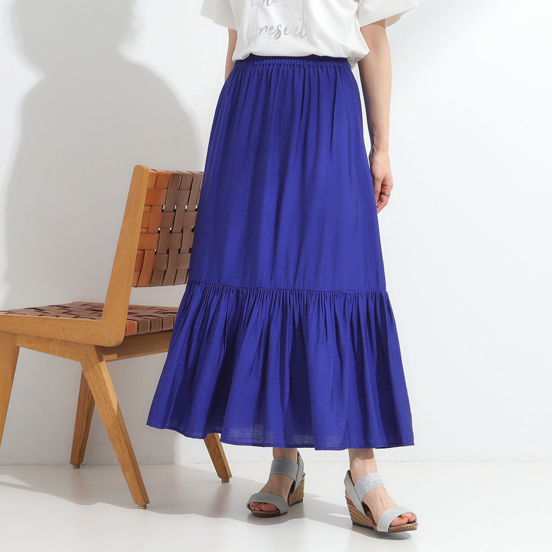 SHOO･LA･RUE「麻調ティアードスカート」|スカート|ブルー(093)