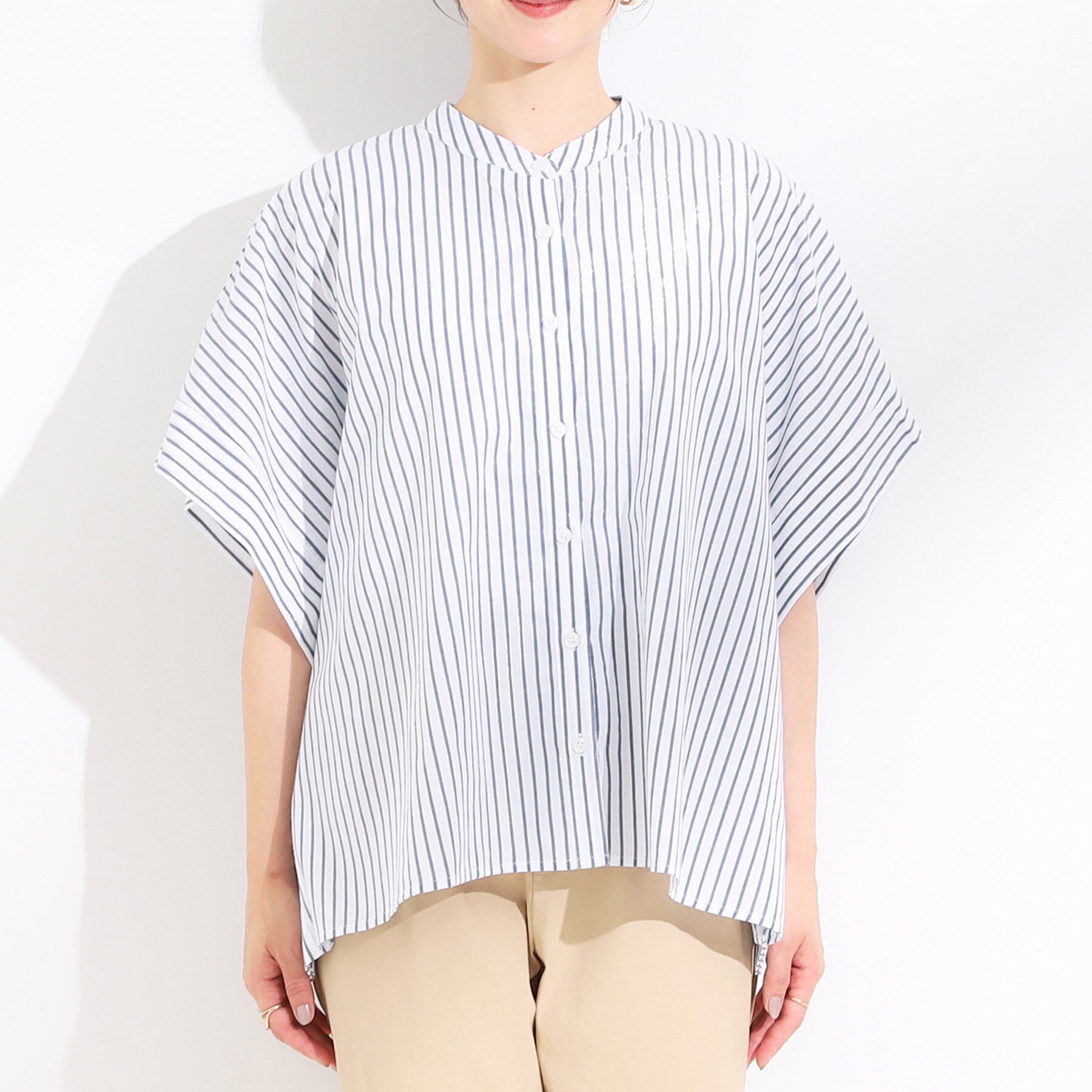 SHOO･LA･RUE「きれいめカジュアルに ラメストライプ ポンチョ風シャツ」|シャツ・ブラウス|