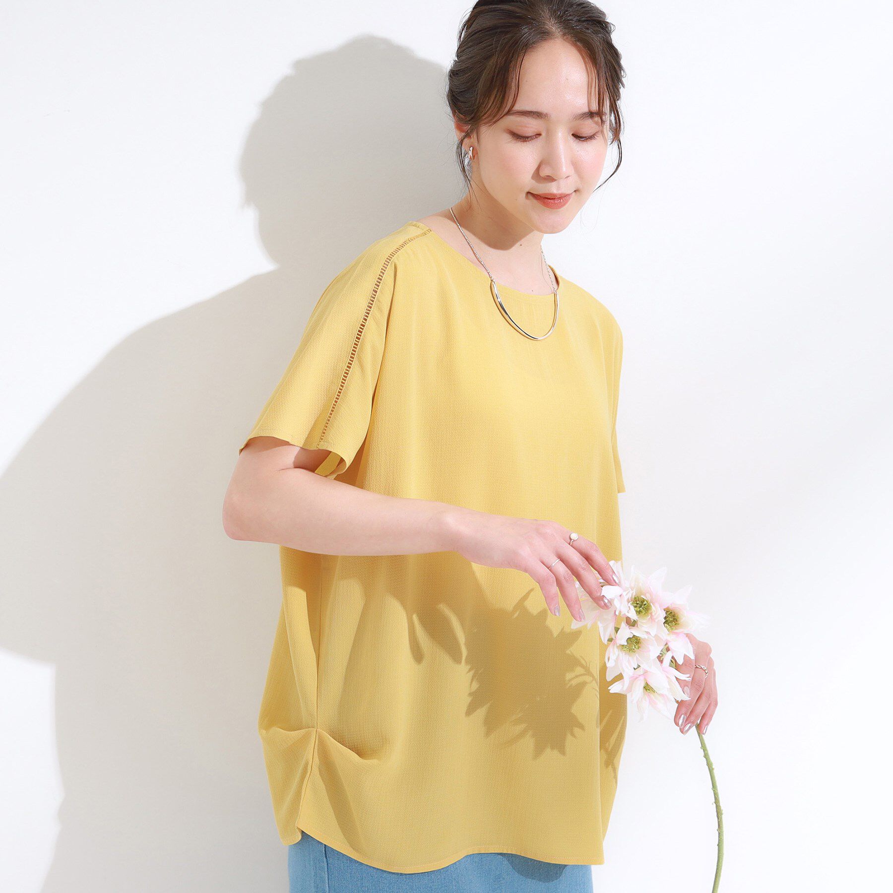 SHOO･LA･RUE「【S-LL/ひんやり/洗濯後しわになりにくい】インせず決まる はしごレースドルマンブラウス」|シャツ・ブラウス|イエロー(032)