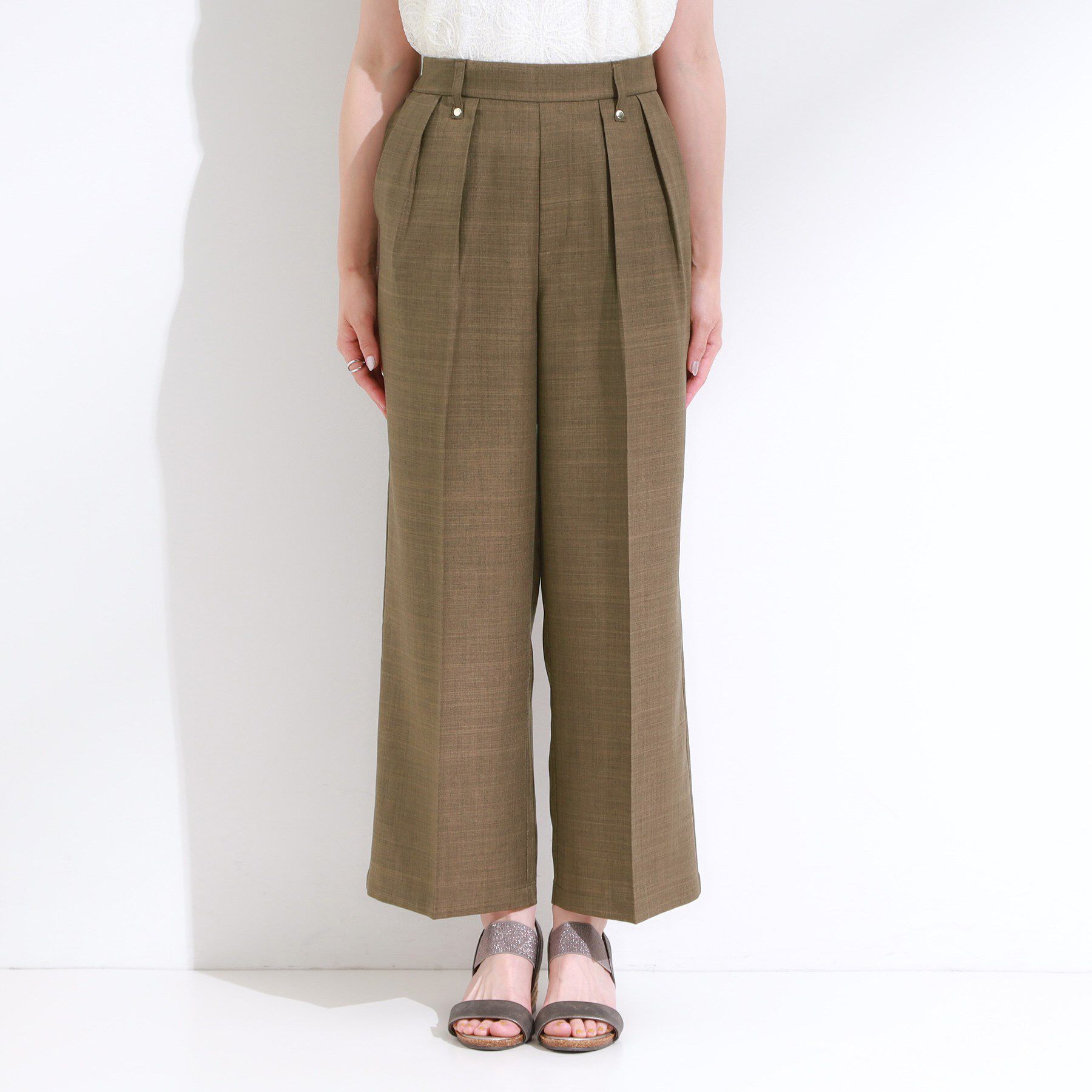 SHOO･LA･RUE「【S-LL/洗濯後しわになりにくい】ゴールドパーツできれい見え 麻調タックワイドパンツ」|その他|