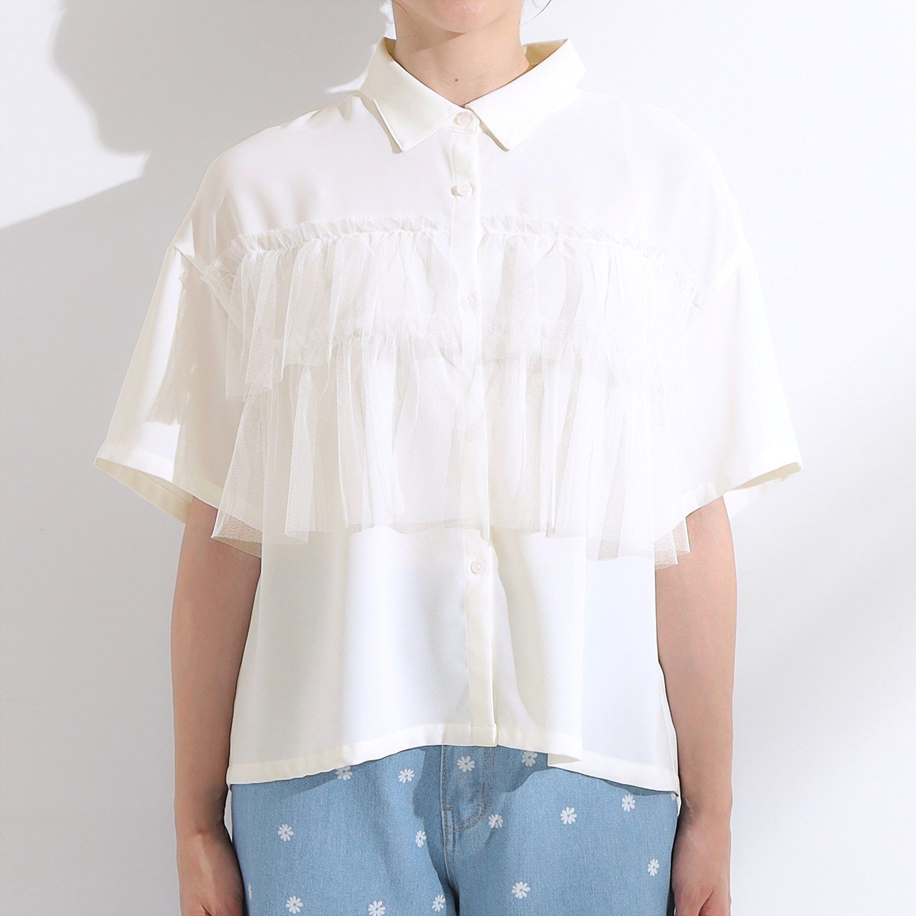 SHOO･LA･RUE「【S-LL】一枚でサマ見え チュールドッキングシャツ」|シャツ・ブラウス|