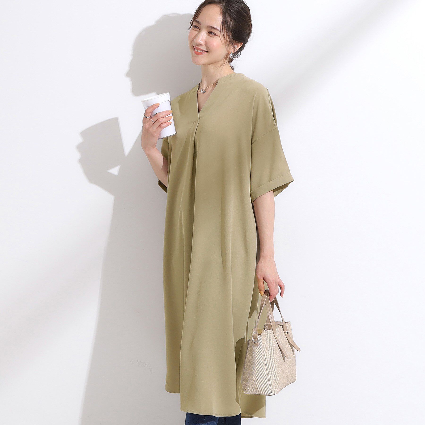 SHOO･LA･RUE「【洗える/S-LL/洗濯後しわになりにくい】バックレースアップチュニック」|チュニック|カーキ(027)