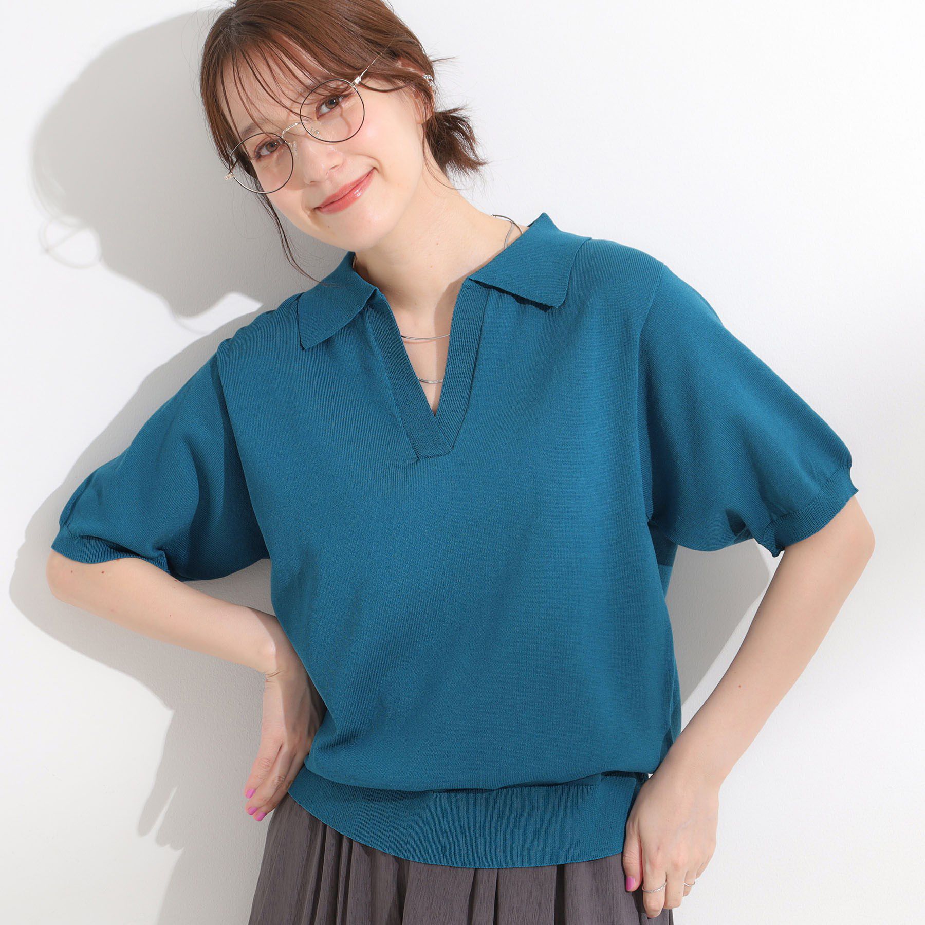 SHOO･LA･RUE「【S-LL/洗える】大人の抜け感 スキッパーニット」|ニット・セーター|ブルー(093)