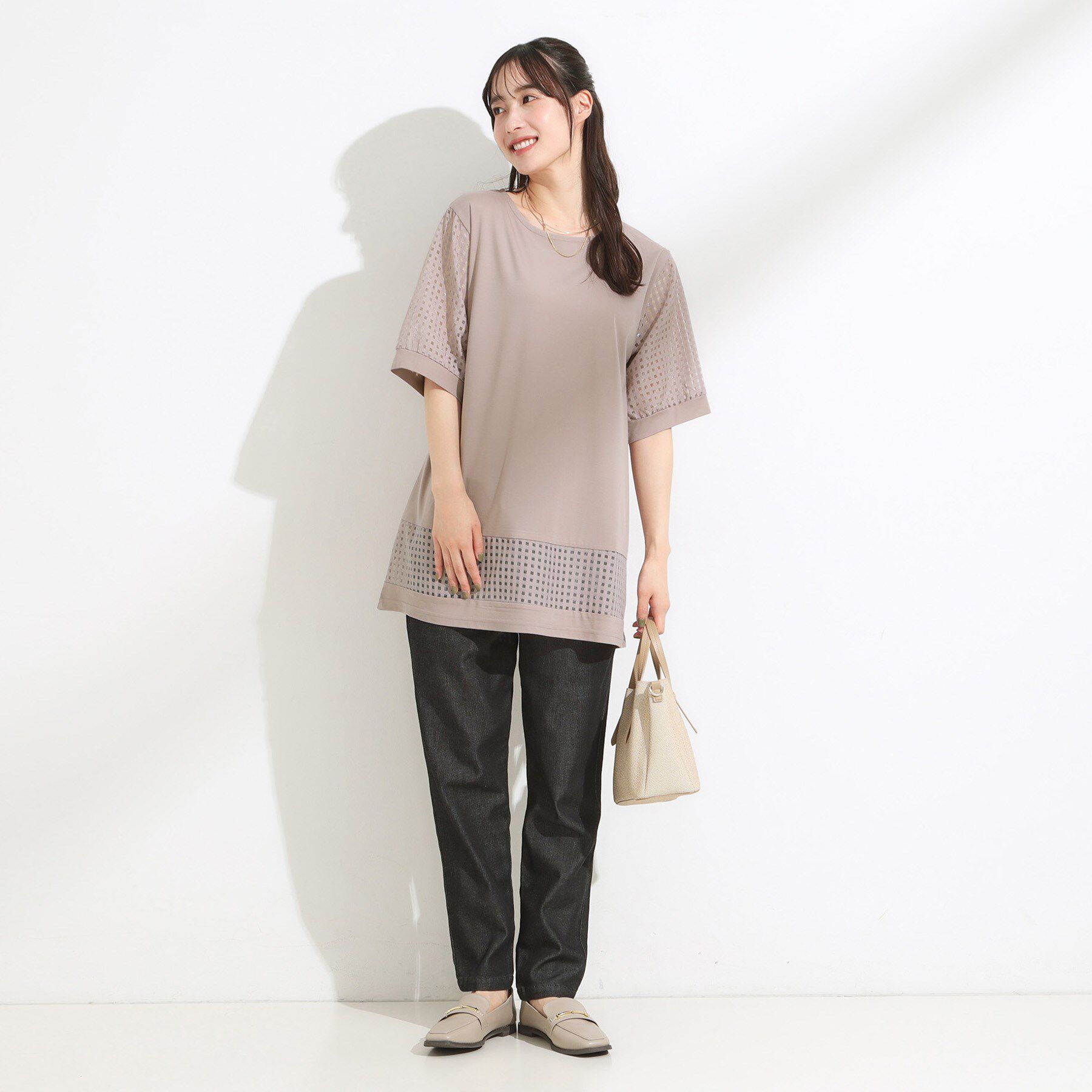 SHOO･LA･RUE「【ひんやり/S-LL/洗える】シアーチェックが涼やか 5分袖チュニック」|チュニック|