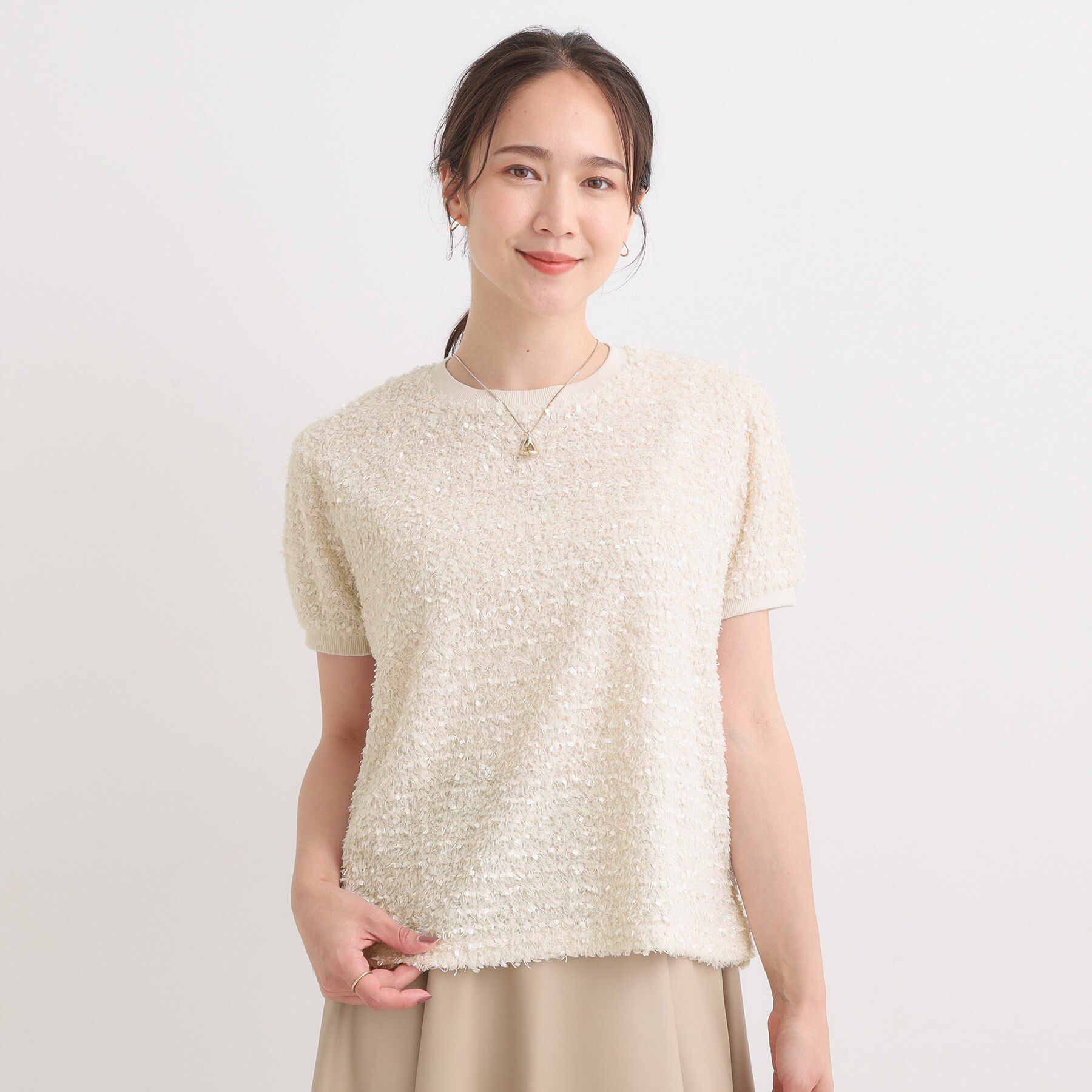 SHOO･LA･RUE「【S-LL】大人も着やすい愛らしさ リボンヤーン半袖トップス」|Tシャツ・カットソー|