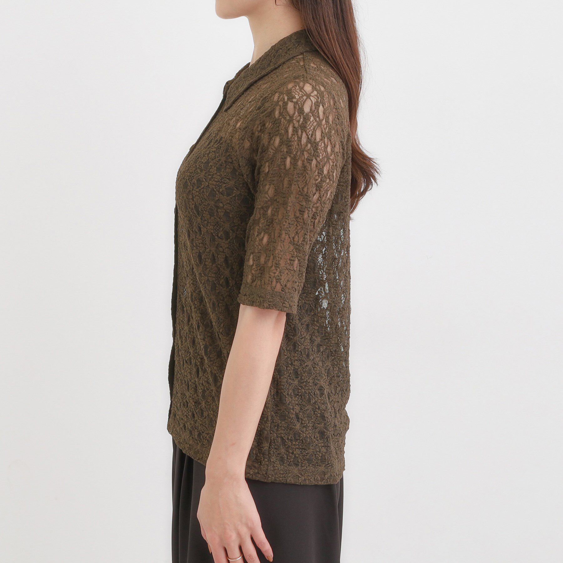 SHOO･LA･RUE「【S-LL/5分袖】大人の抜け感 襟付きレーストップス」|Tシャツ・カットソー|