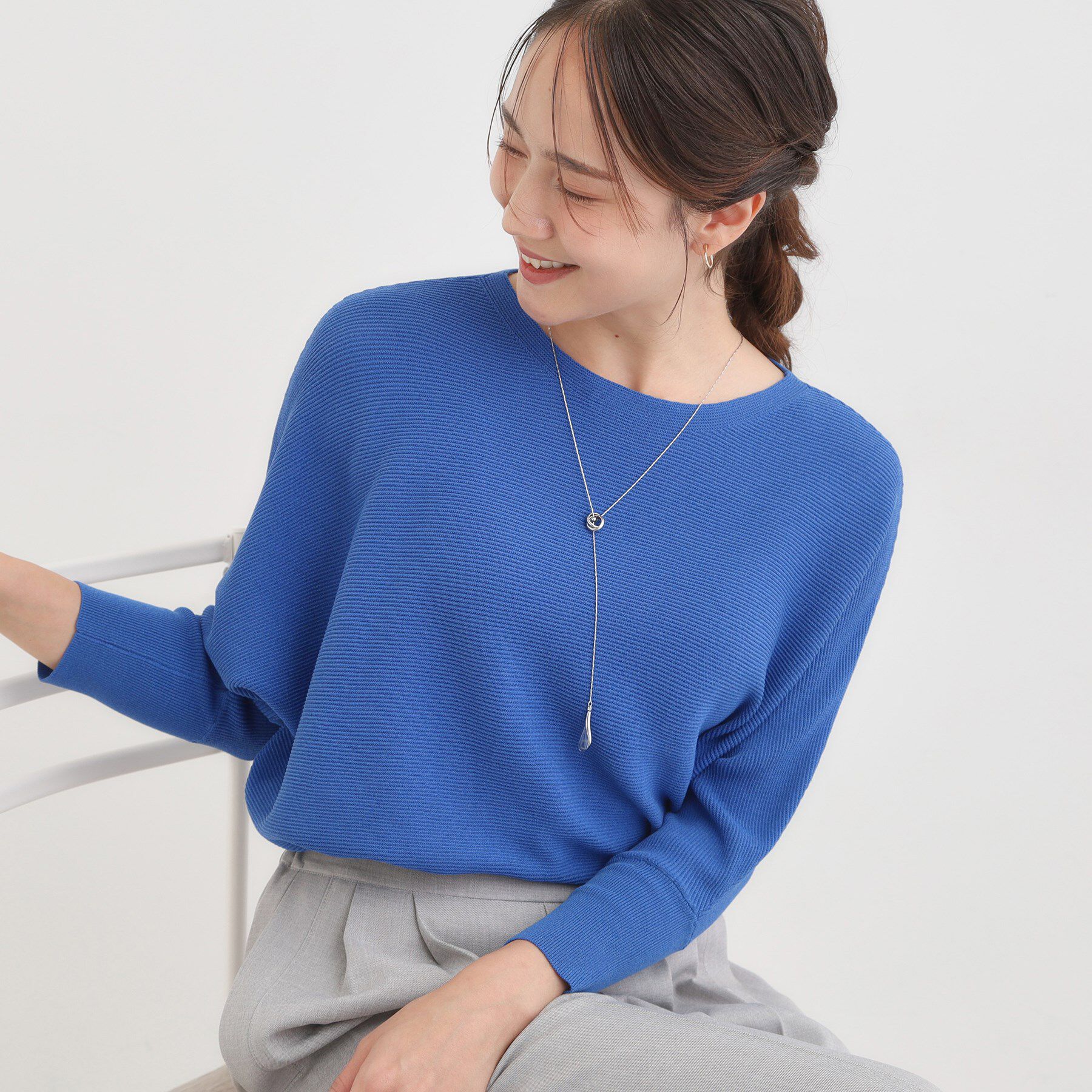 SHOO･LA･RUE「【洗える/毛玉になりにくい/UV】 ガータードルマン 7分袖ニット」|ニット・セーター|ブルー(092)