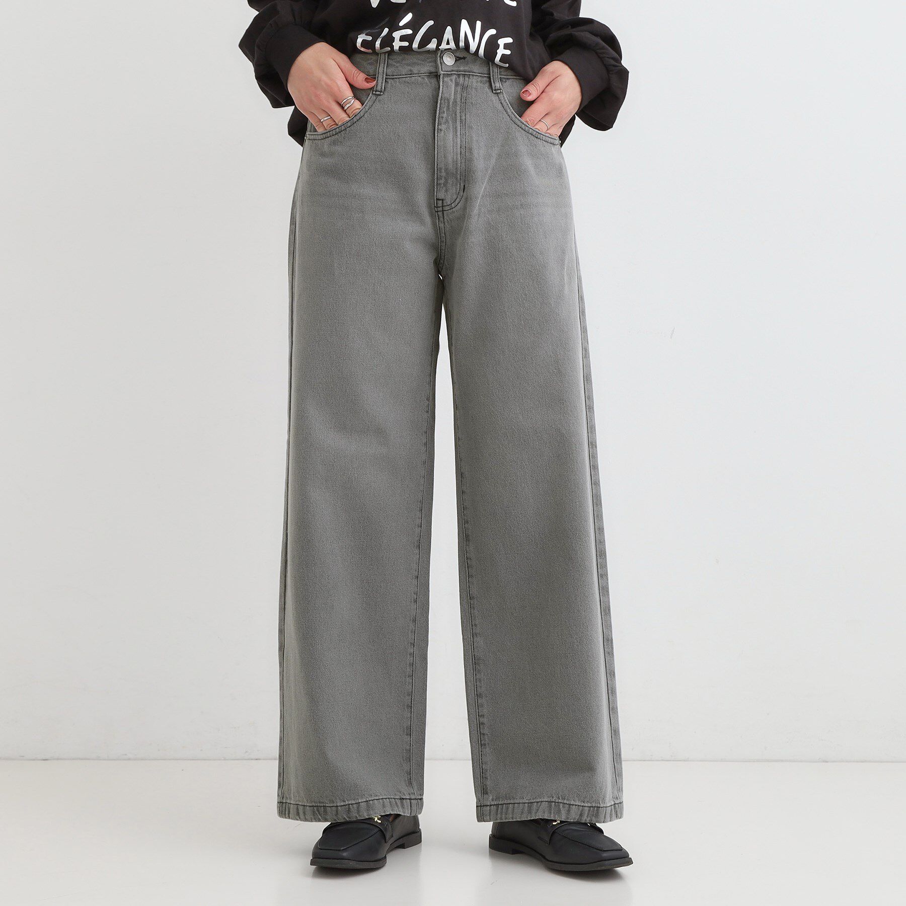 SHOO･LA･RUE「【S-LL】脚のラインを拾いにくい デニムワイドパンツ」|デニム|