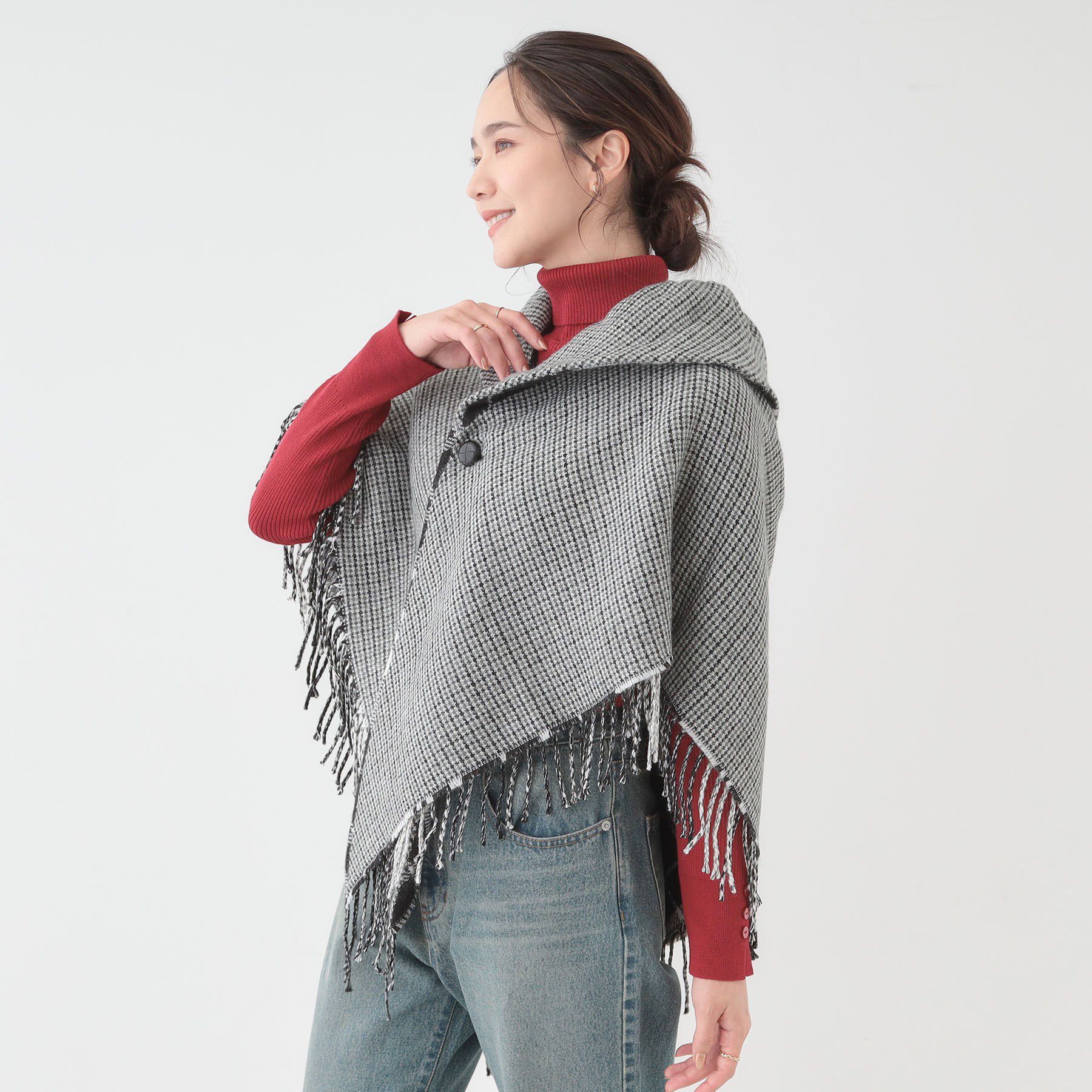 SHOO･LA･RUE「【リバーシブル】襟元ギャザー チェックポンチョ」|ポンチョ・ケープ|