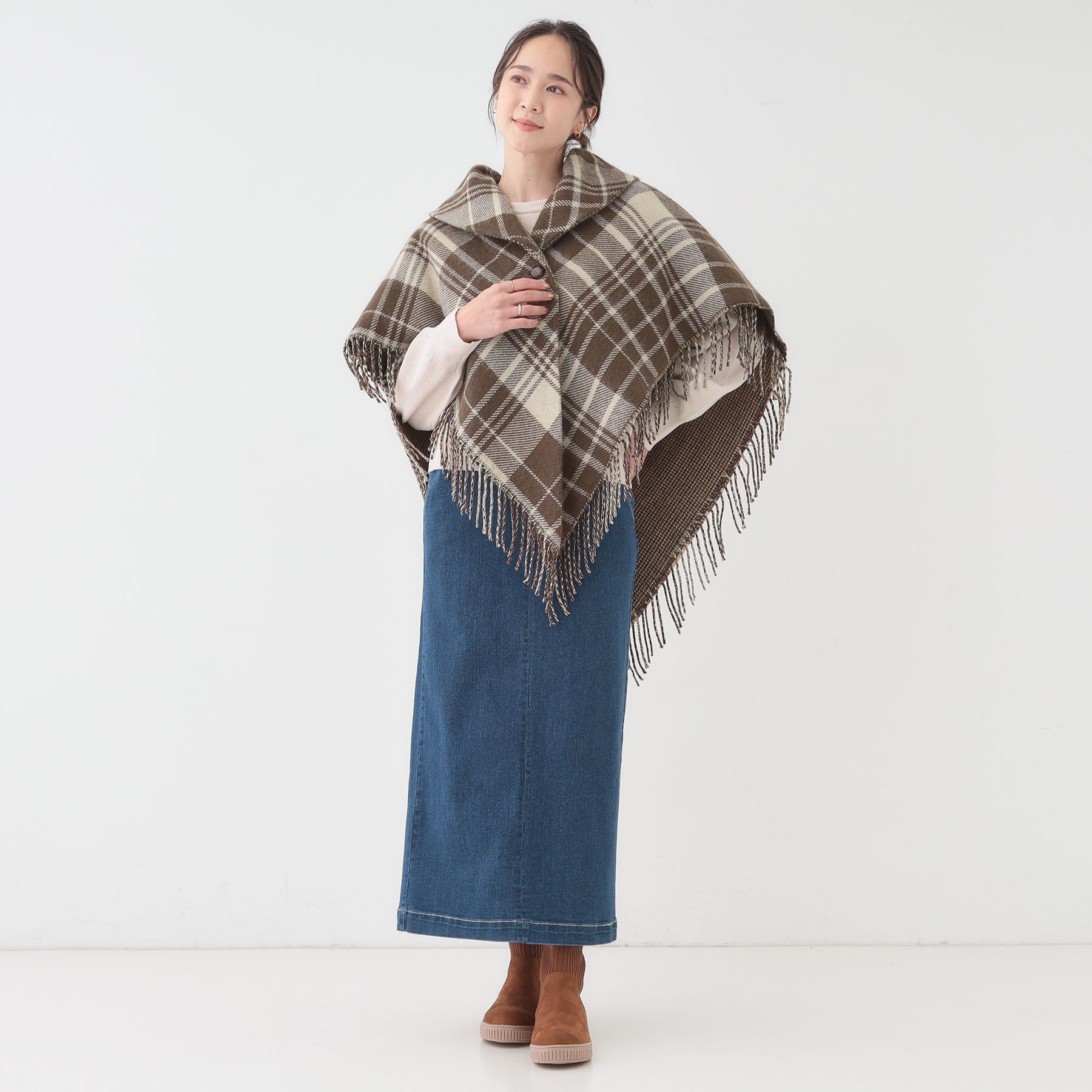 SHOO･LA･RUE「【リバーシブル】襟元ギャザー チェックポンチョ」|ポンチョ・ケープ|