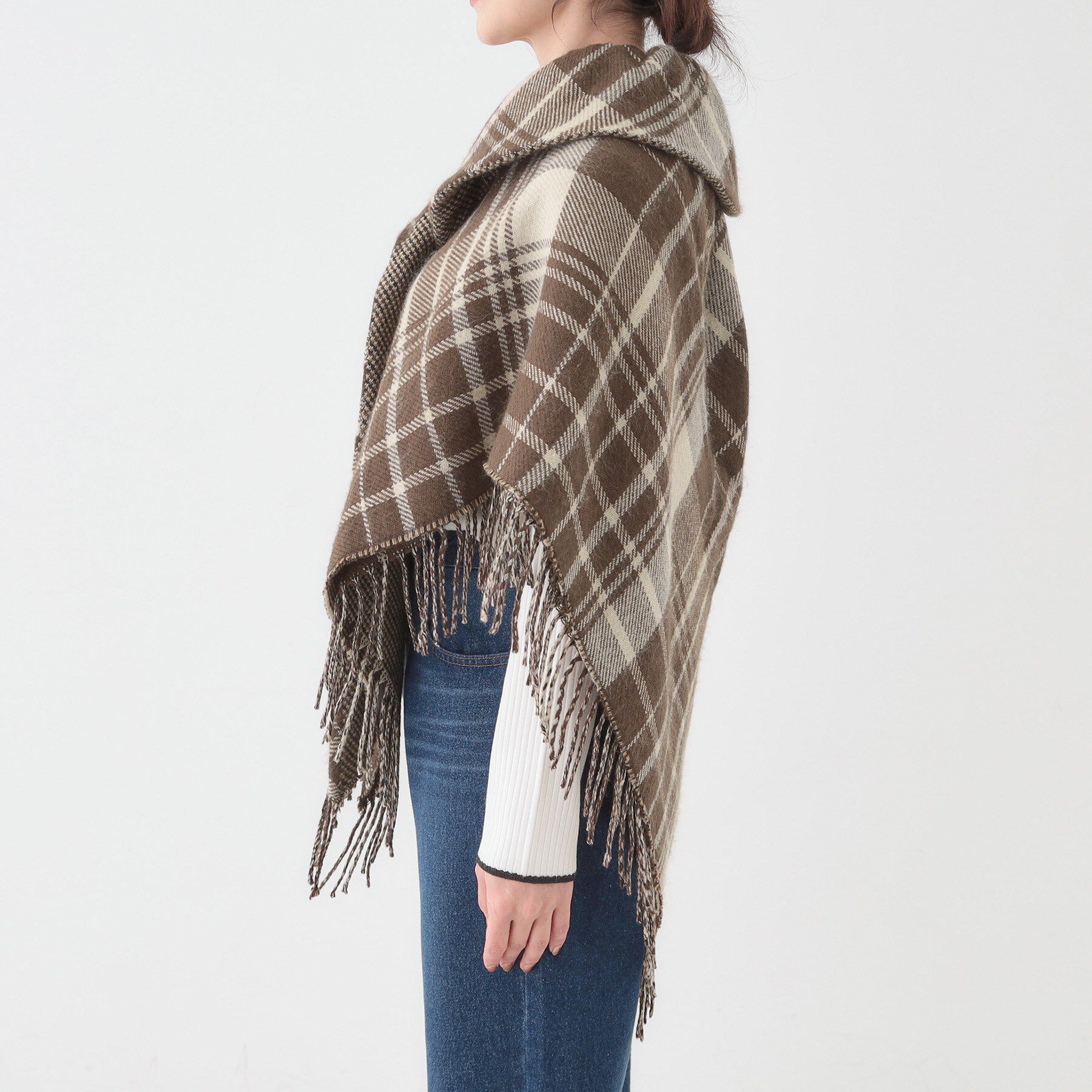 SHOO･LA･RUE「【リバーシブル】襟元ギャザー チェックポンチョ」|ポンチョ・ケープ|