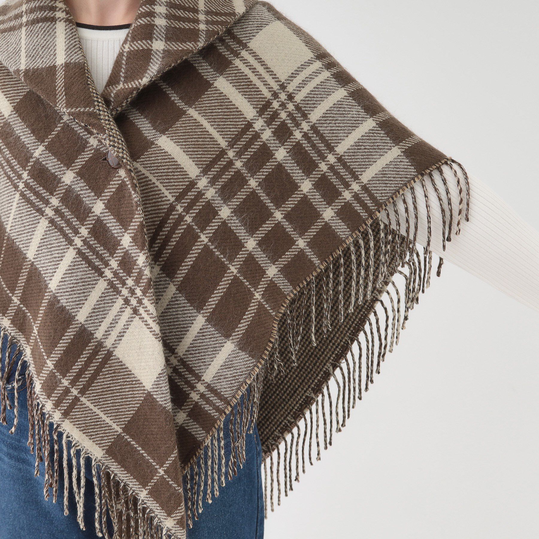 SHOO･LA･RUE「【リバーシブル】襟元ギャザー チェックポンチョ」|ポンチョ・ケープ|