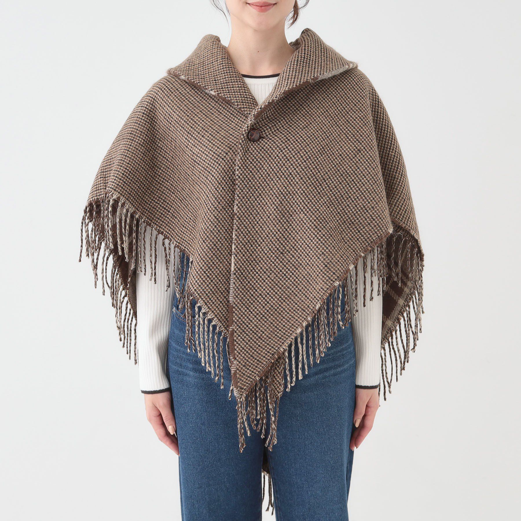 SHOO･LA･RUE「【リバーシブル】襟元ギャザー チェックポンチョ」|ポンチョ・ケープ|