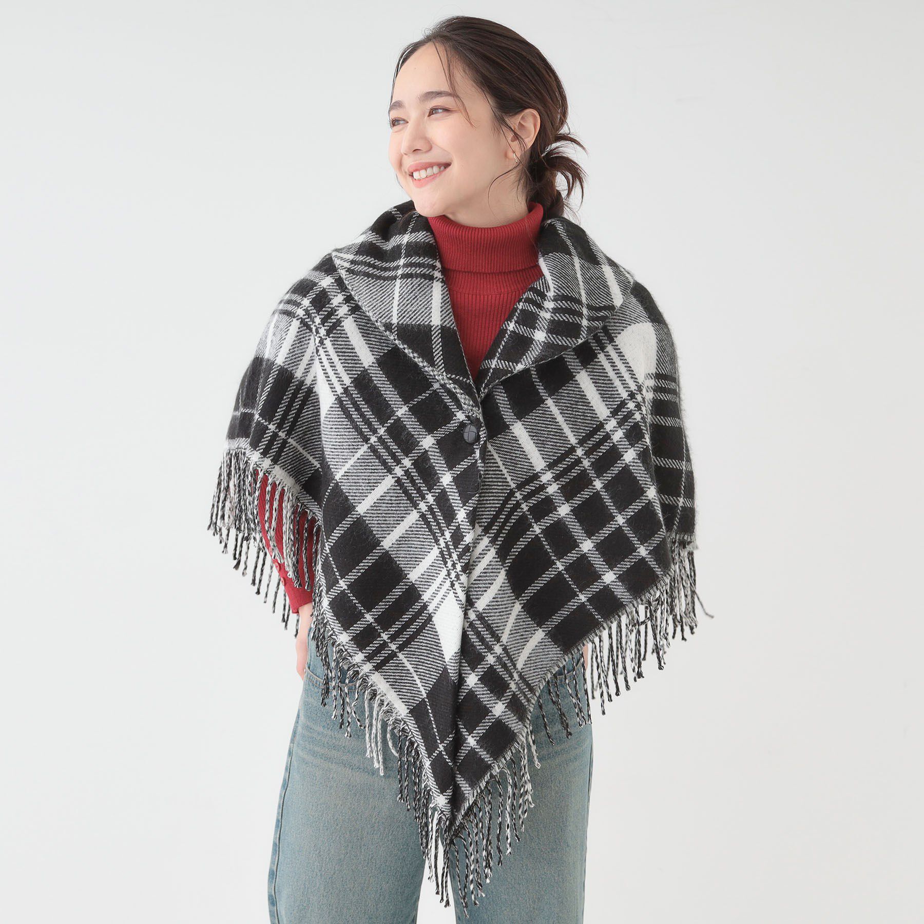 SHOO･LA･RUE「【リバーシブル】襟元ギャザー チェックポンチョ」|ポンチョ・ケープ|