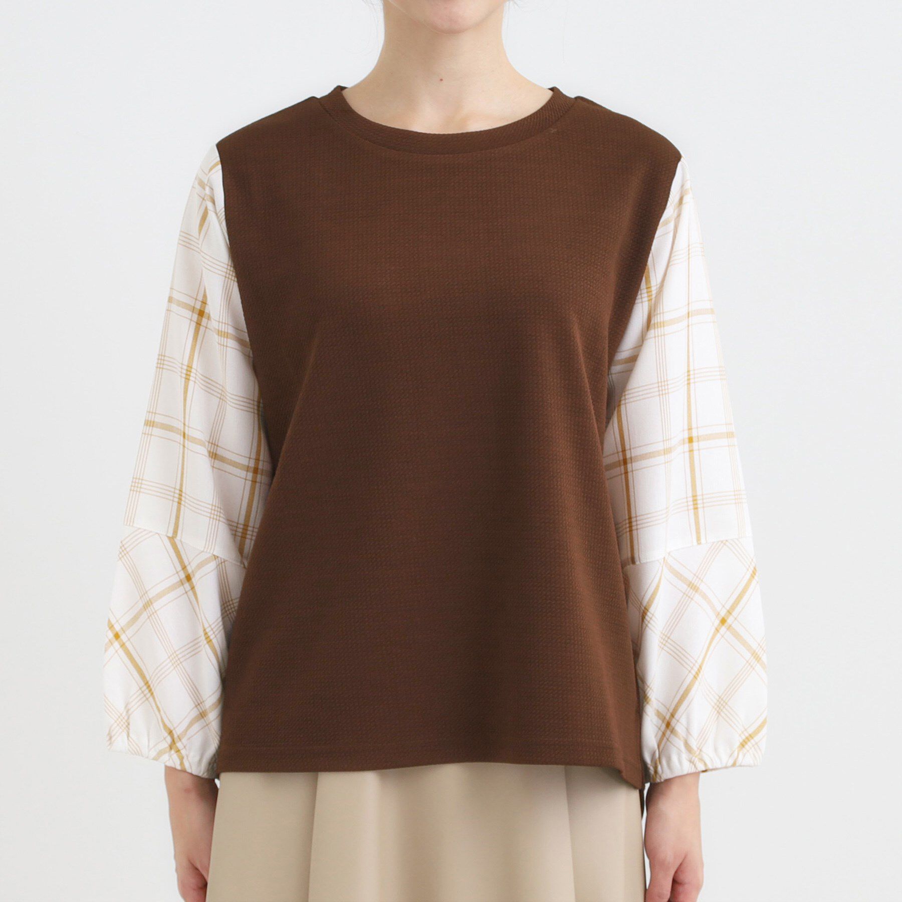 SHOO･LA･RUE「【S-LL】1枚できまる お袖チェック 異素材使いトップス」|シャツ・ブラウス|