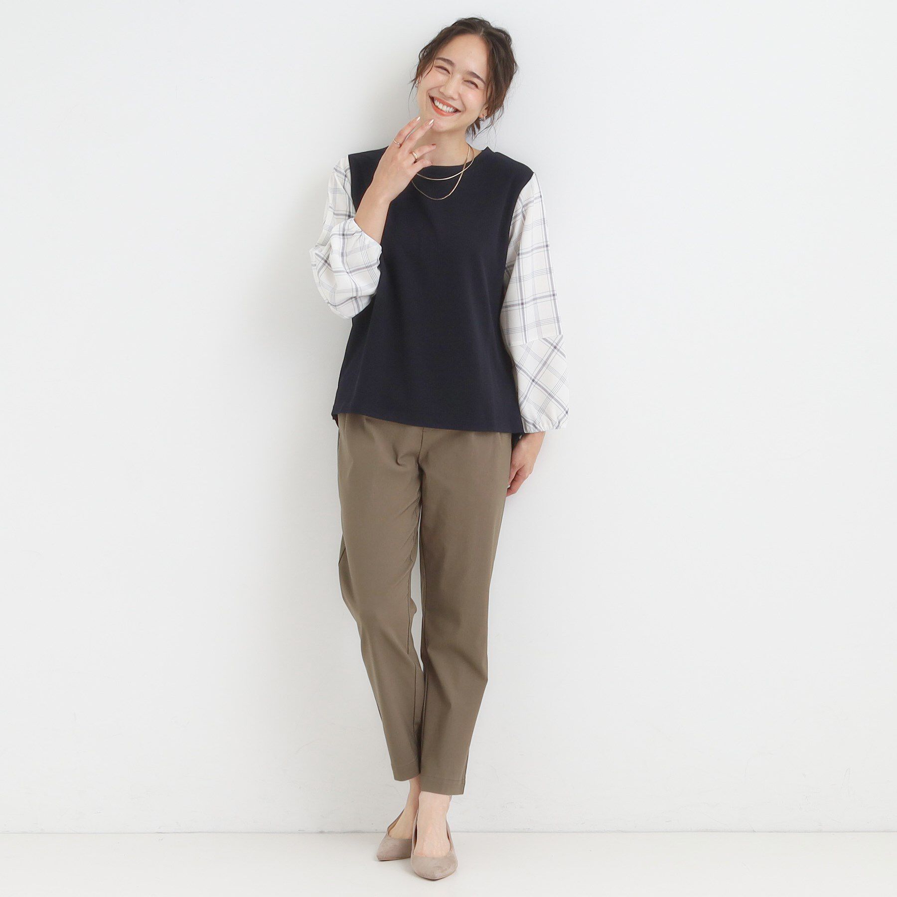 SHOO･LA･RUE「【S-LL】1枚できまる お袖チェック 異素材使いトップス」|シャツ・ブラウス|