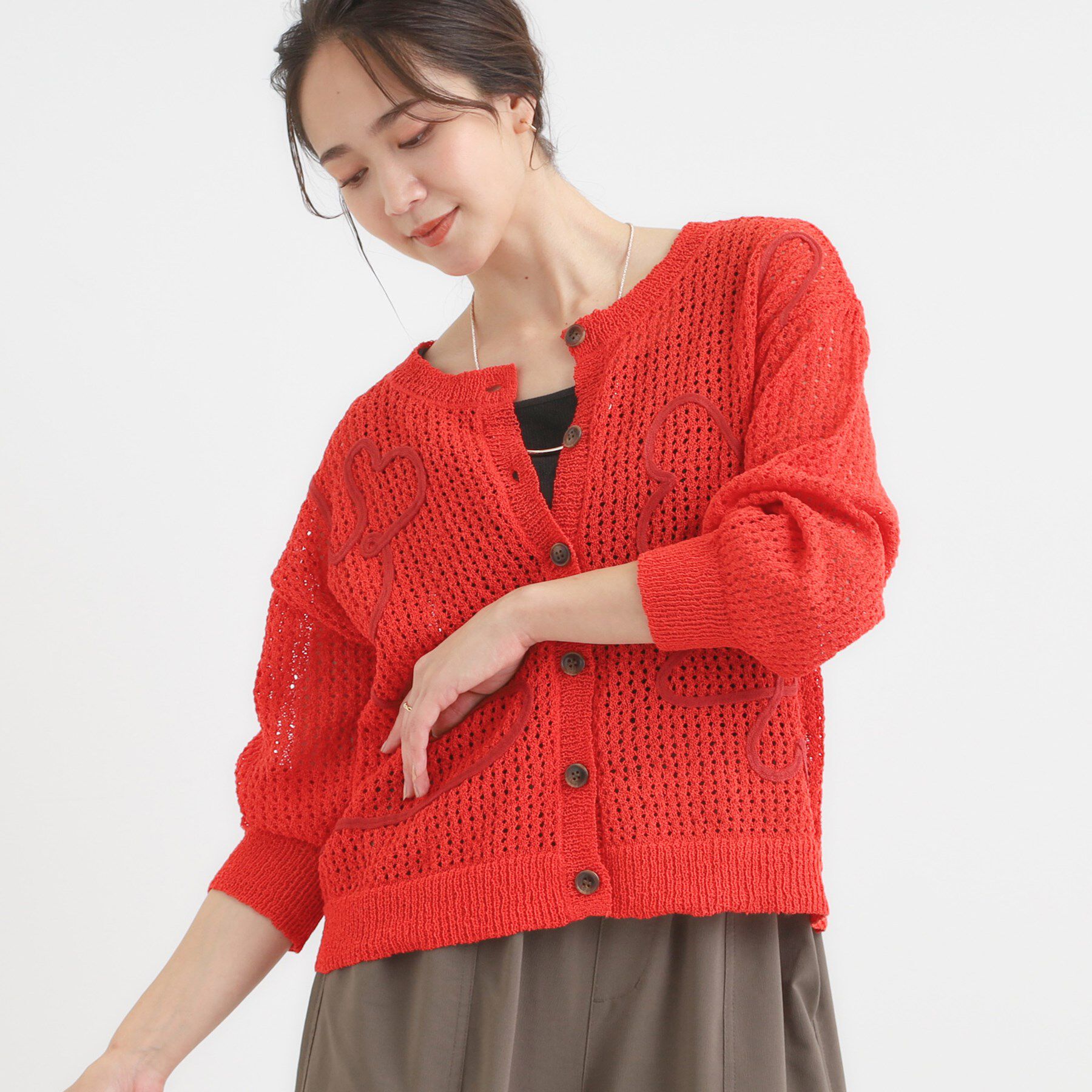SHOO･LA･RUE「コード刺繍アソートメッシュカーディガン」|カーディガン|レッド(061)