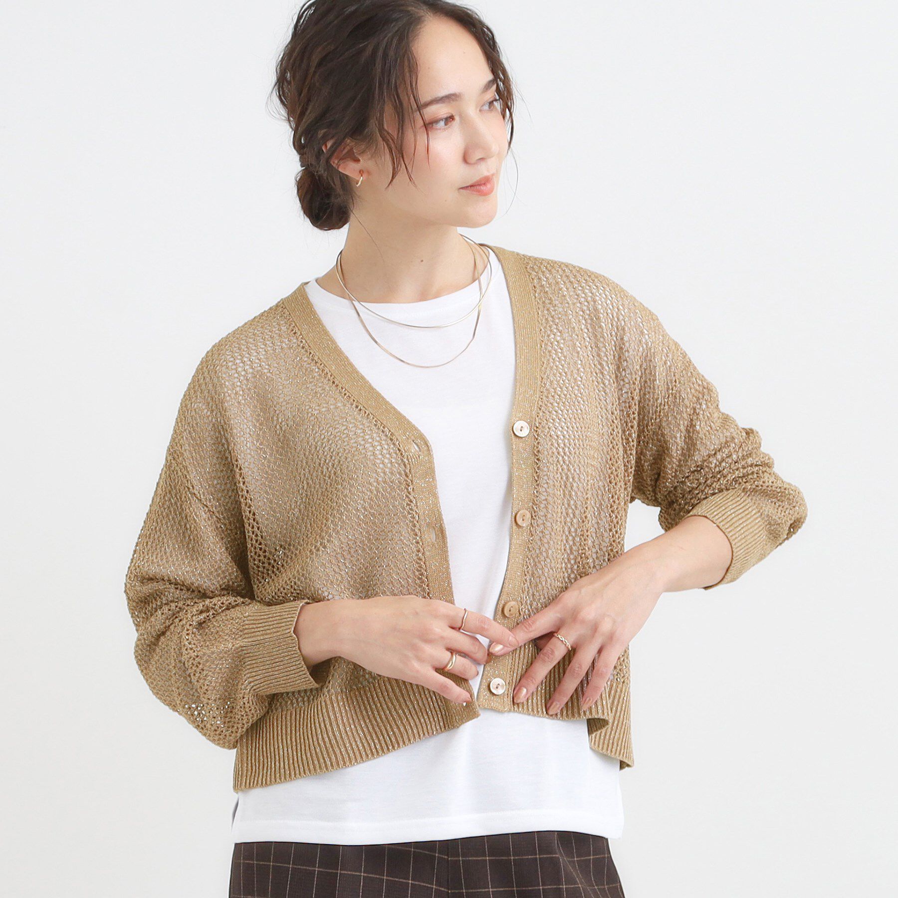 SHOO･LA･RUE「【2点セット】ラメメッシュニットカーディガン＋ロンTセット」|カーディガン|キャメルブラウン(0