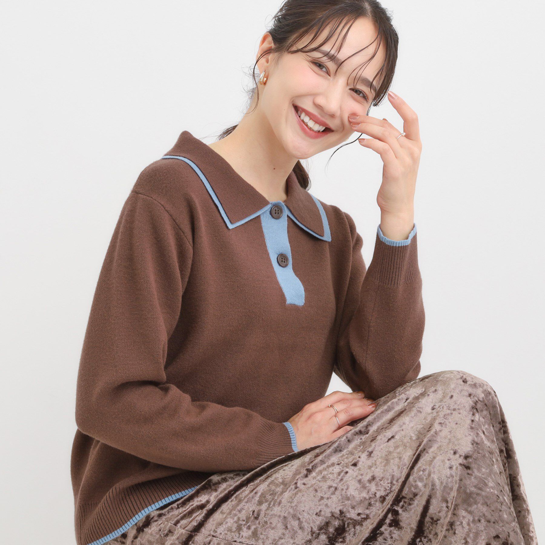 SHOO･LA･RUE「【S-LL】配色がポイントの2枚襟ポロニット」|ニット・セーター|ブラウン(043)