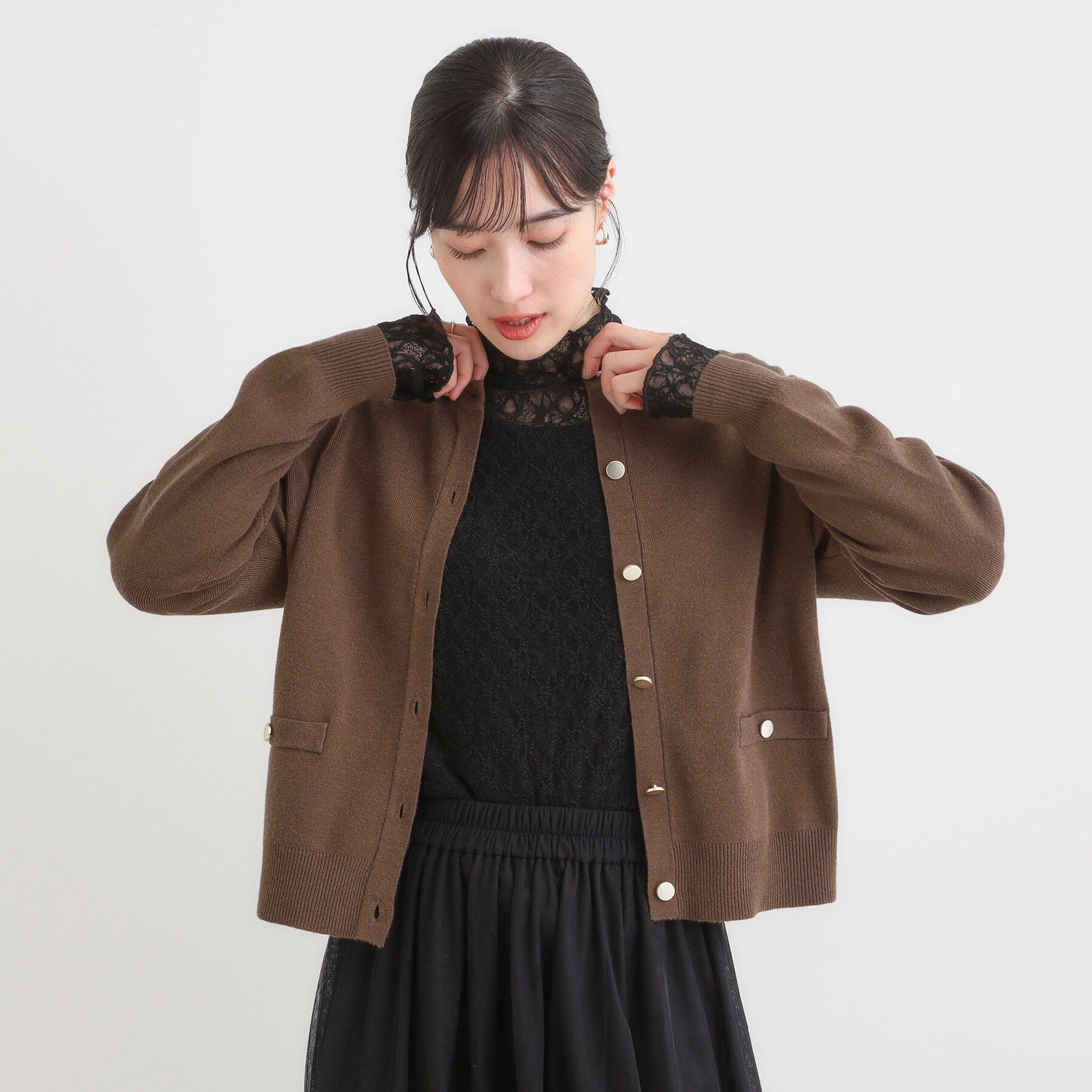 SHOO･LA･RUE「【セットアップ可/洗濯機可】もちもちタッチが心地よい クルーネックカーディガン」|カーディガン|