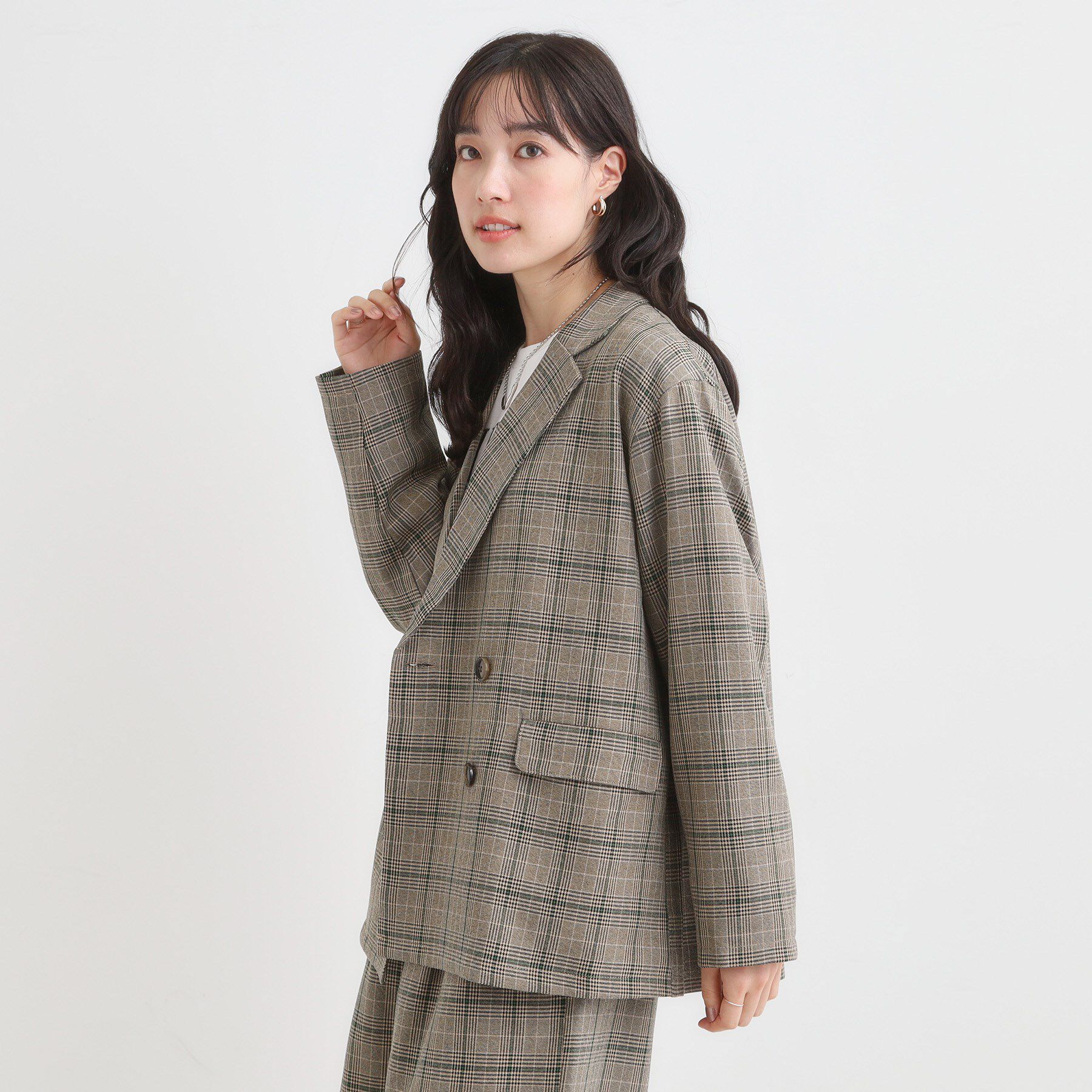 SHOO･LA･RUE「【セットアップ可】チェック柄 ダブルブレストテーラードゆるジャケット」|テーラードジャケット|